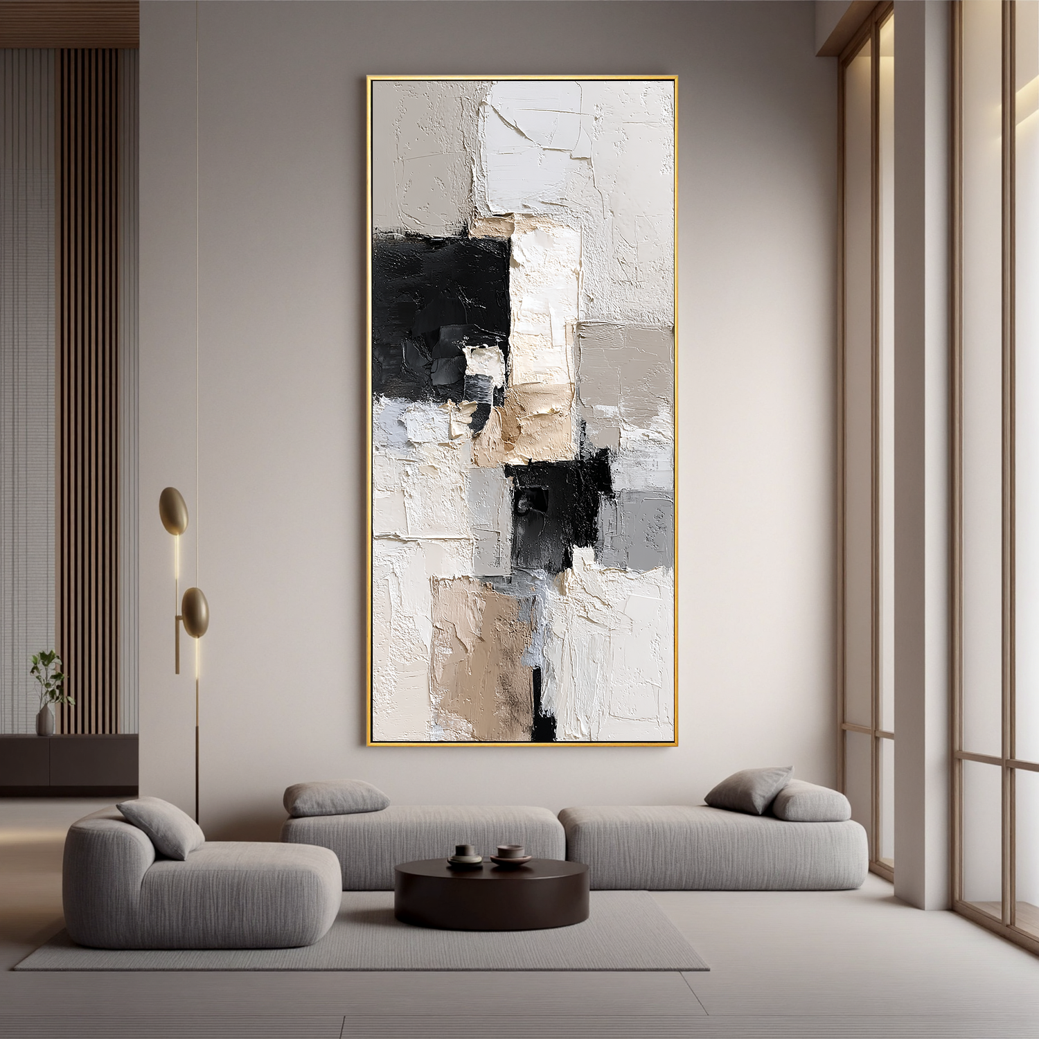 Vertical Neutral Abstract Canvas Wall Art – Textured Black White Beige Minimalist Painting for Modern Home Decor#OA 0876