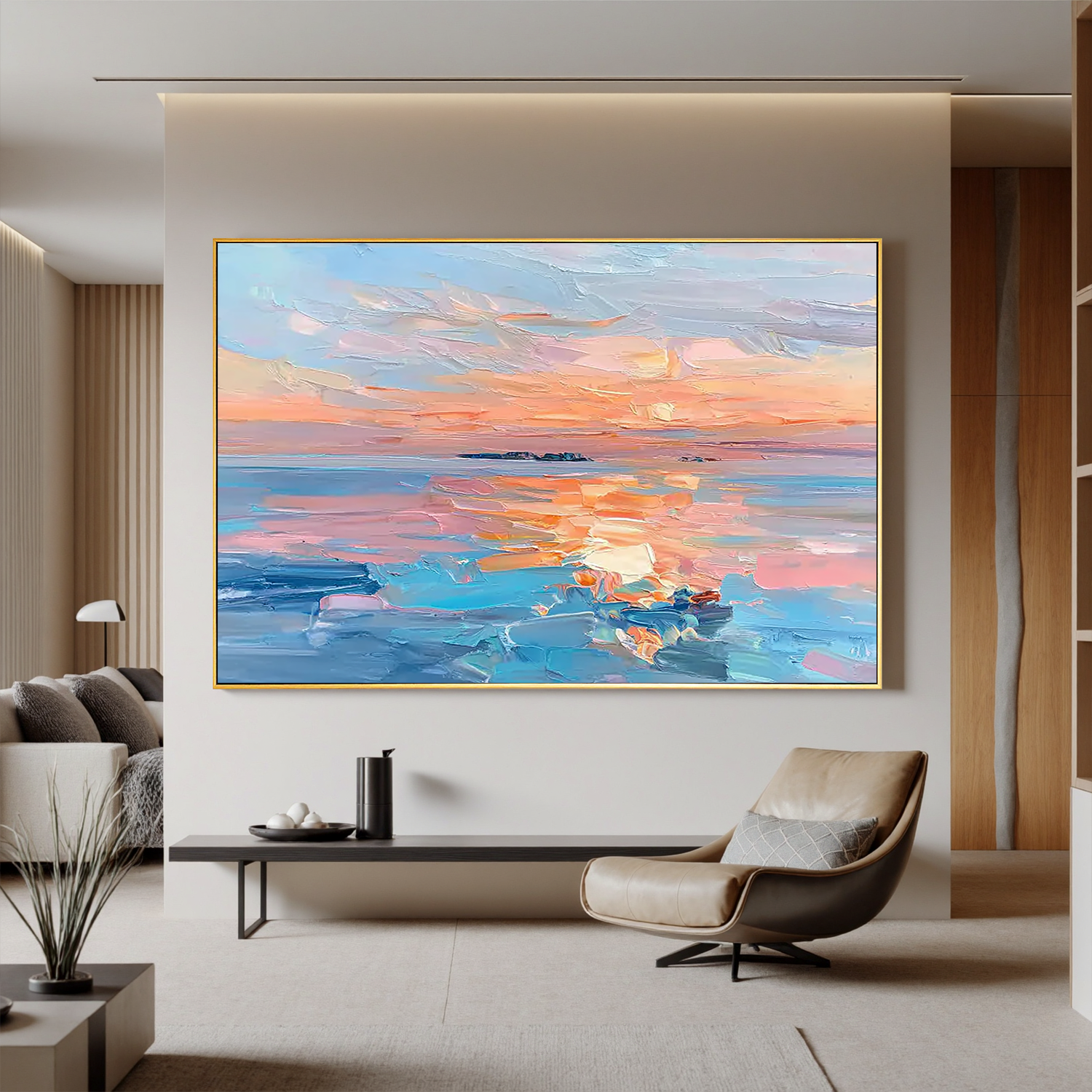 Abstract Sunset Seascape Oil Painting Canvas – Modern Ocean Wall Art for Living Room Coastal Home Decor #OA 0464