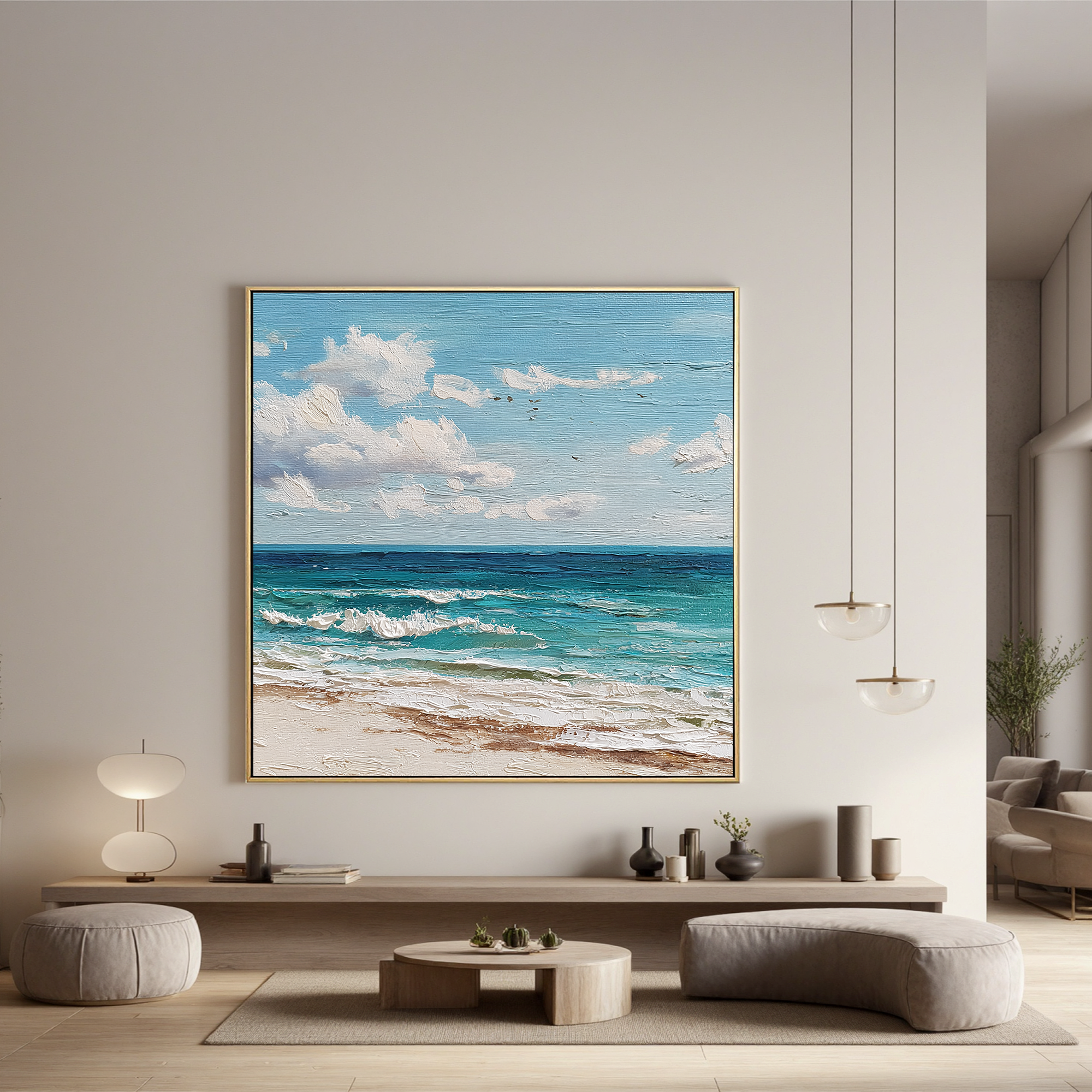 Large Coastal Beach Wall Art – Ocean Seascape Canvas Painting for Modern Living Room Decor#OA 0832