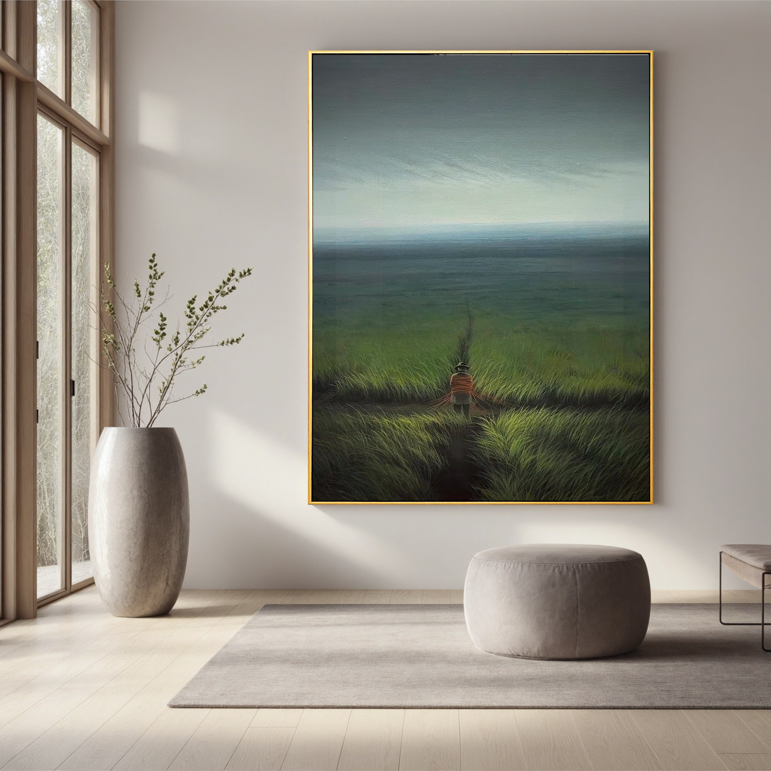 Lonely Figure Landscape Oil Painting, Misty Grassland Wall Art for Living Room Decor#OA 0623