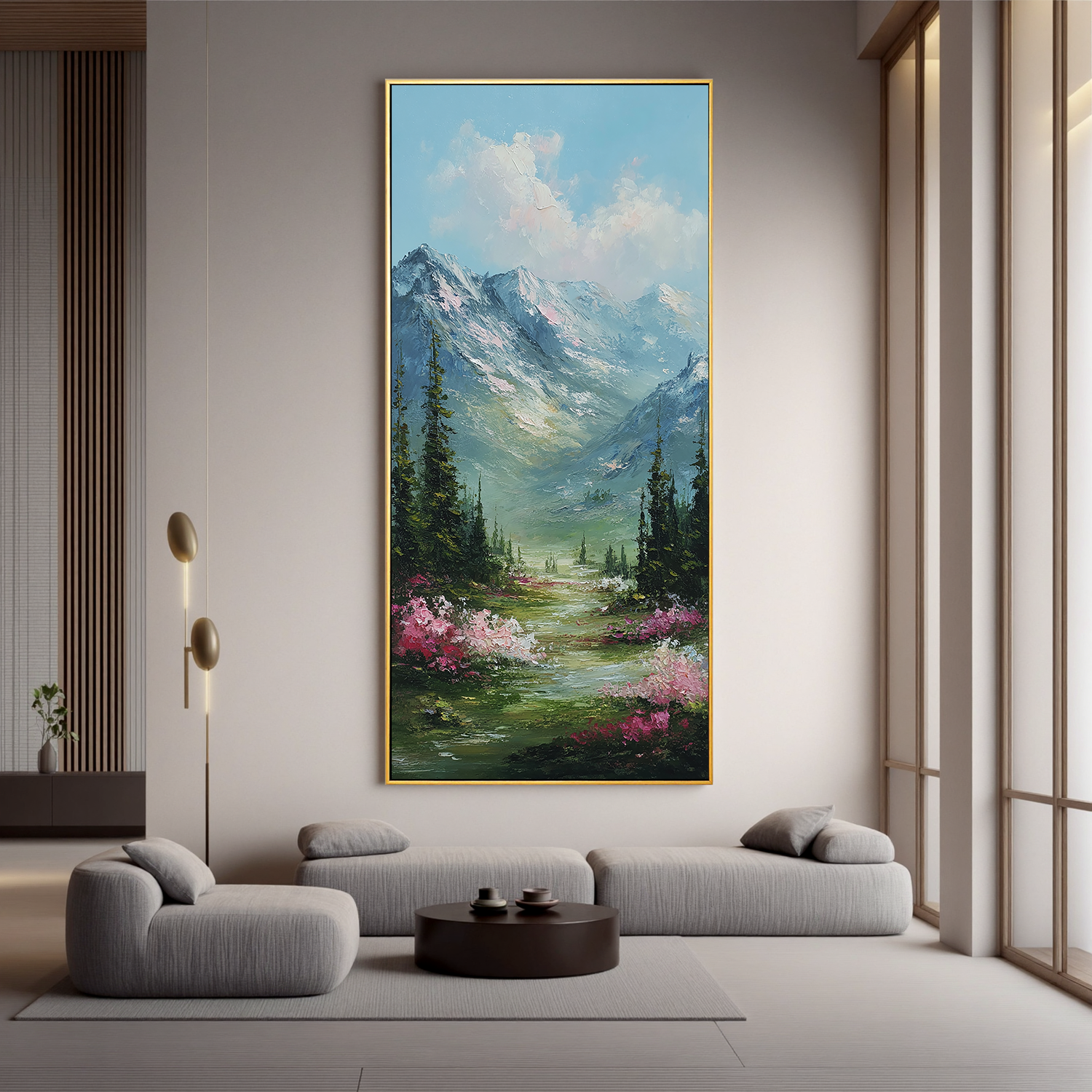 Vertical Mountain Landscape Oil Painting – Scenic Forest Valley Canvas Wall Art#OA 0890
