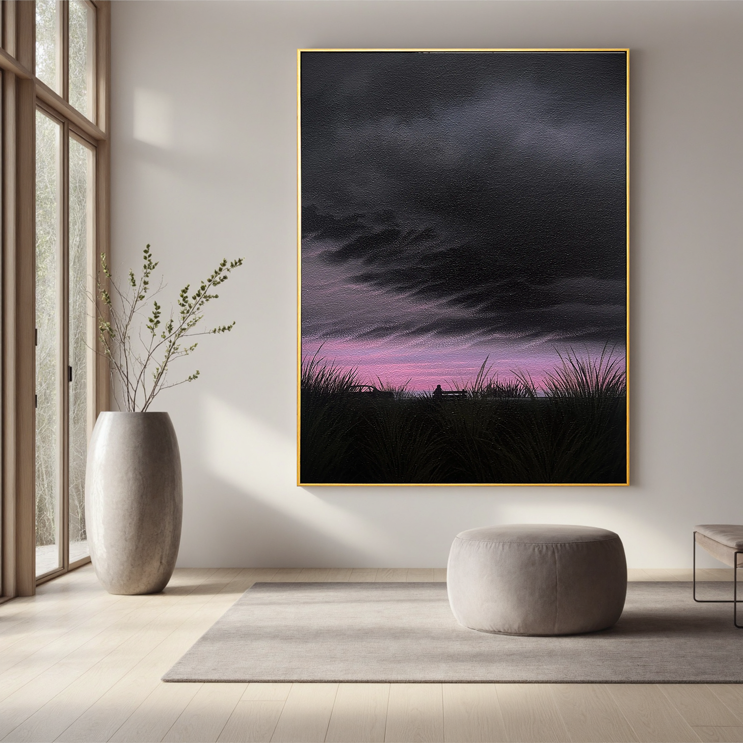 Moody Sunset Landscape Wall Art with Lone Figure on Bench, Dramatic Cloud Sky Canvas for Living Room Decor #OA 0743