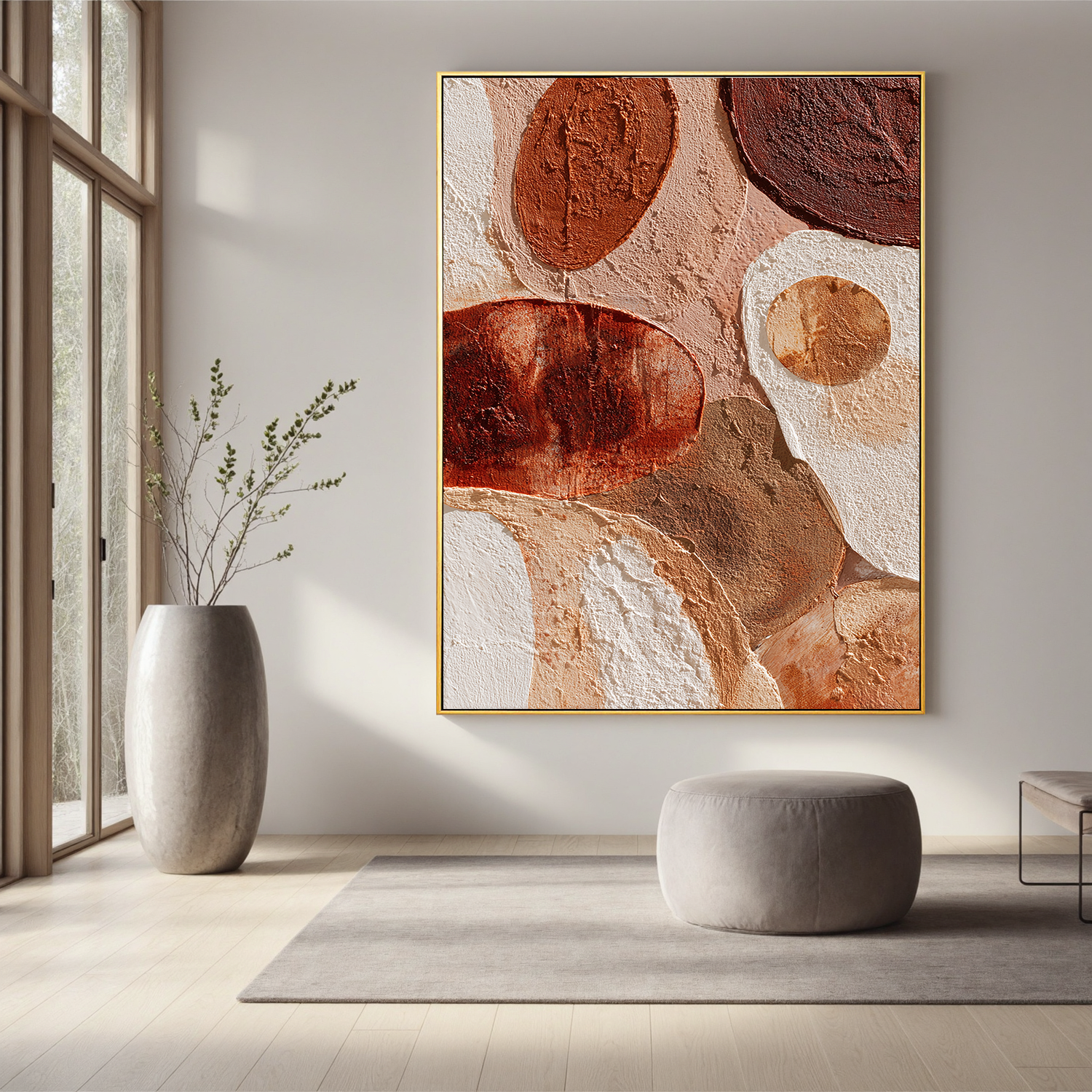 Large Vertical Abstract Circle Canvas Wall Art – Boho Earth Tone Textured Painting for Modern Home Decor#OA 0840