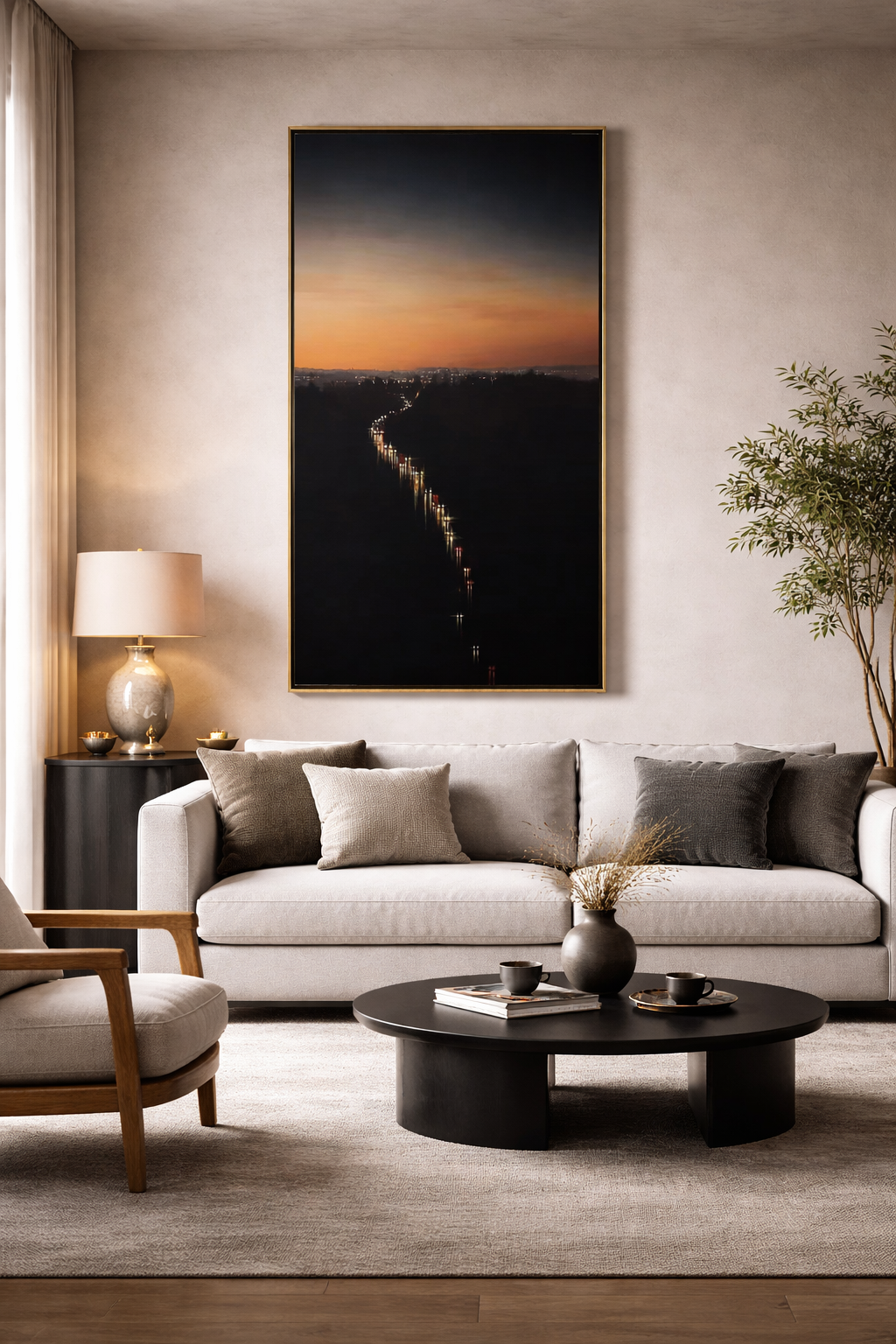 Sunset Cityscape Wall Art, Vertical Twilight Skyline Canvas with Winding Highway Lights for Modern Living Room Decor #OA 0727