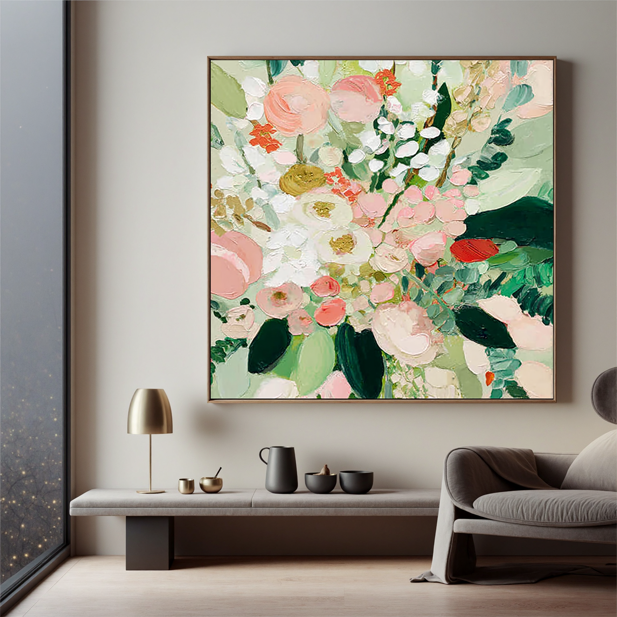 Soft Floral Oil Painting Canvas – Pastel Flower Wall Art for Living Room Elegant Home Decor#OA 0485