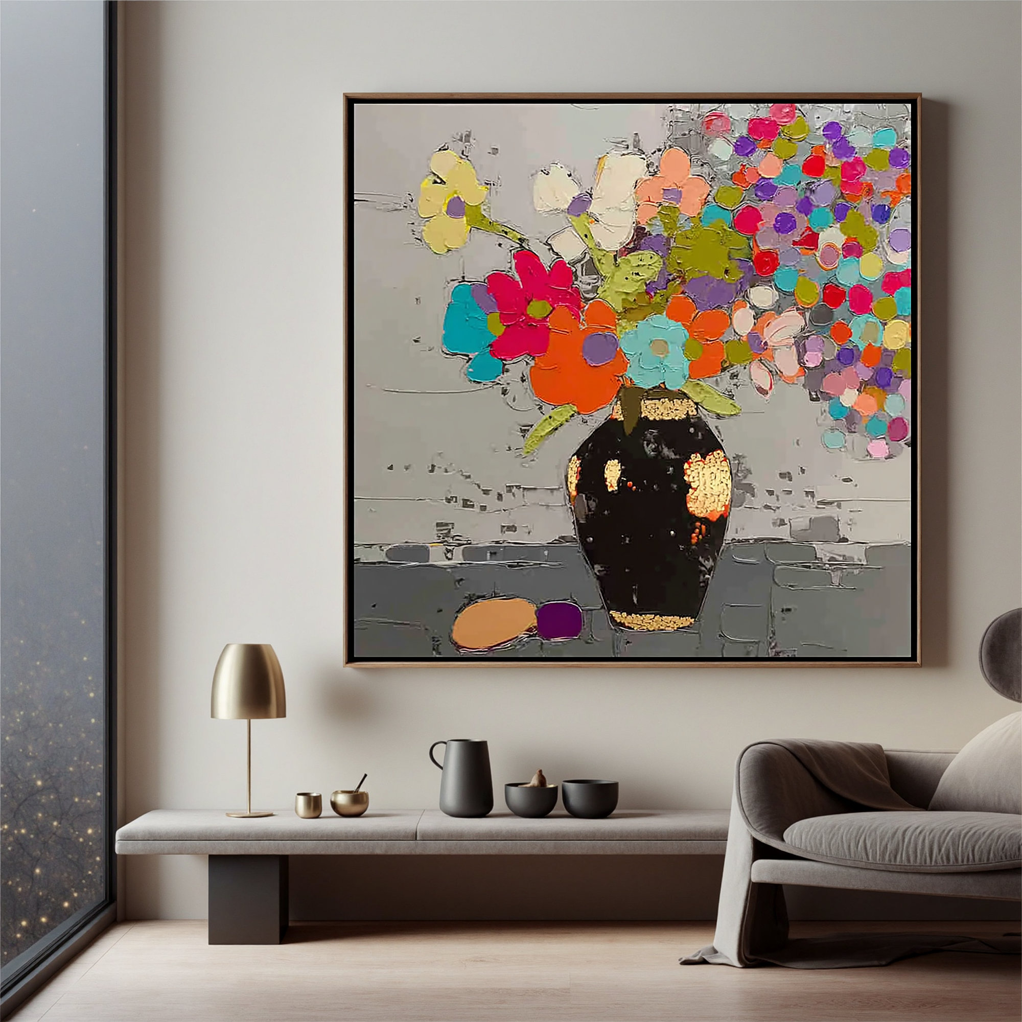 Colorful Floral Oil Painting Canvas – Modern Abstract Flower Vase Wall Art for Living Room Home Decor#OA 0458