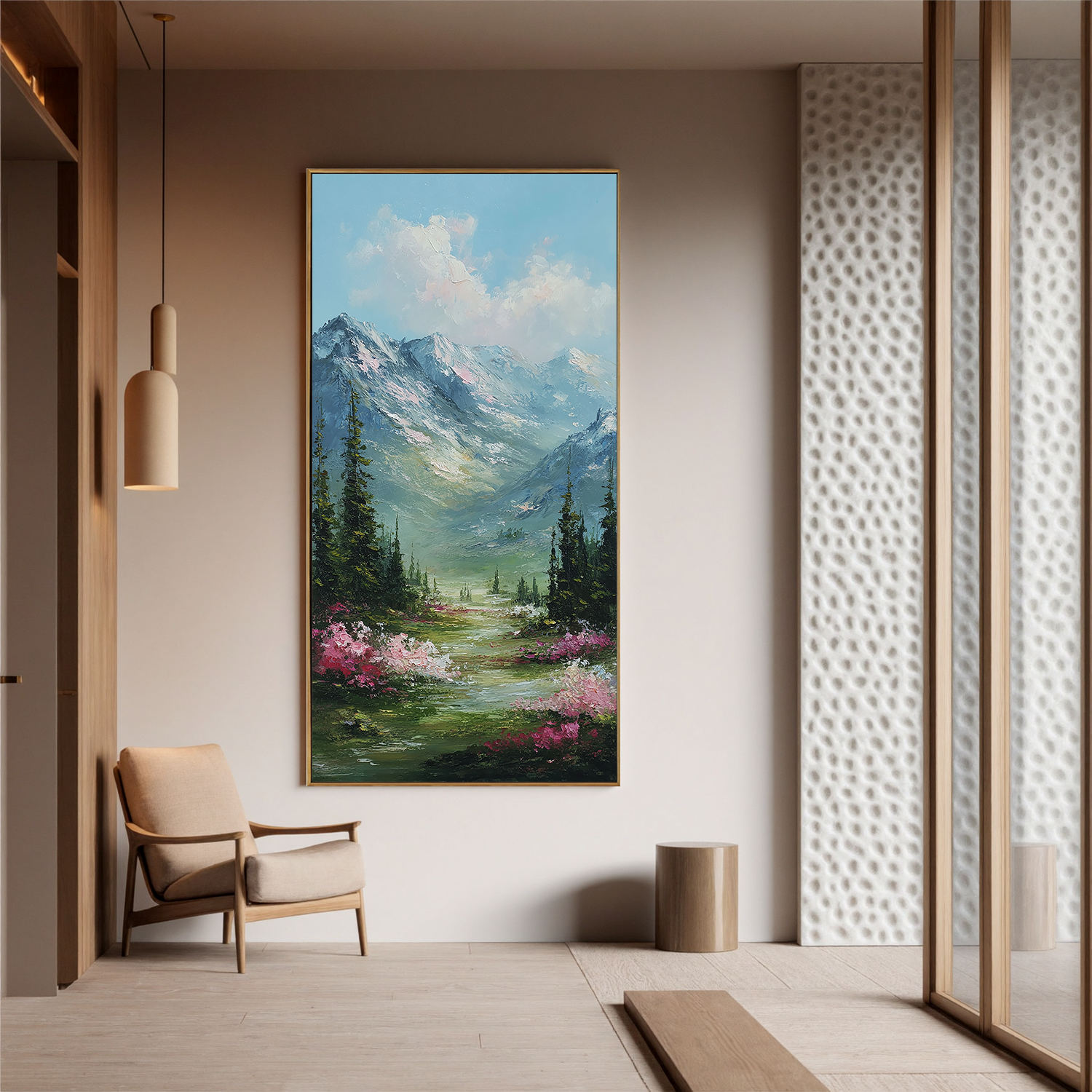 Vertical Mountain Landscape Oil Painting – Scenic Forest Valley Canvas Wall Art#OA 0890