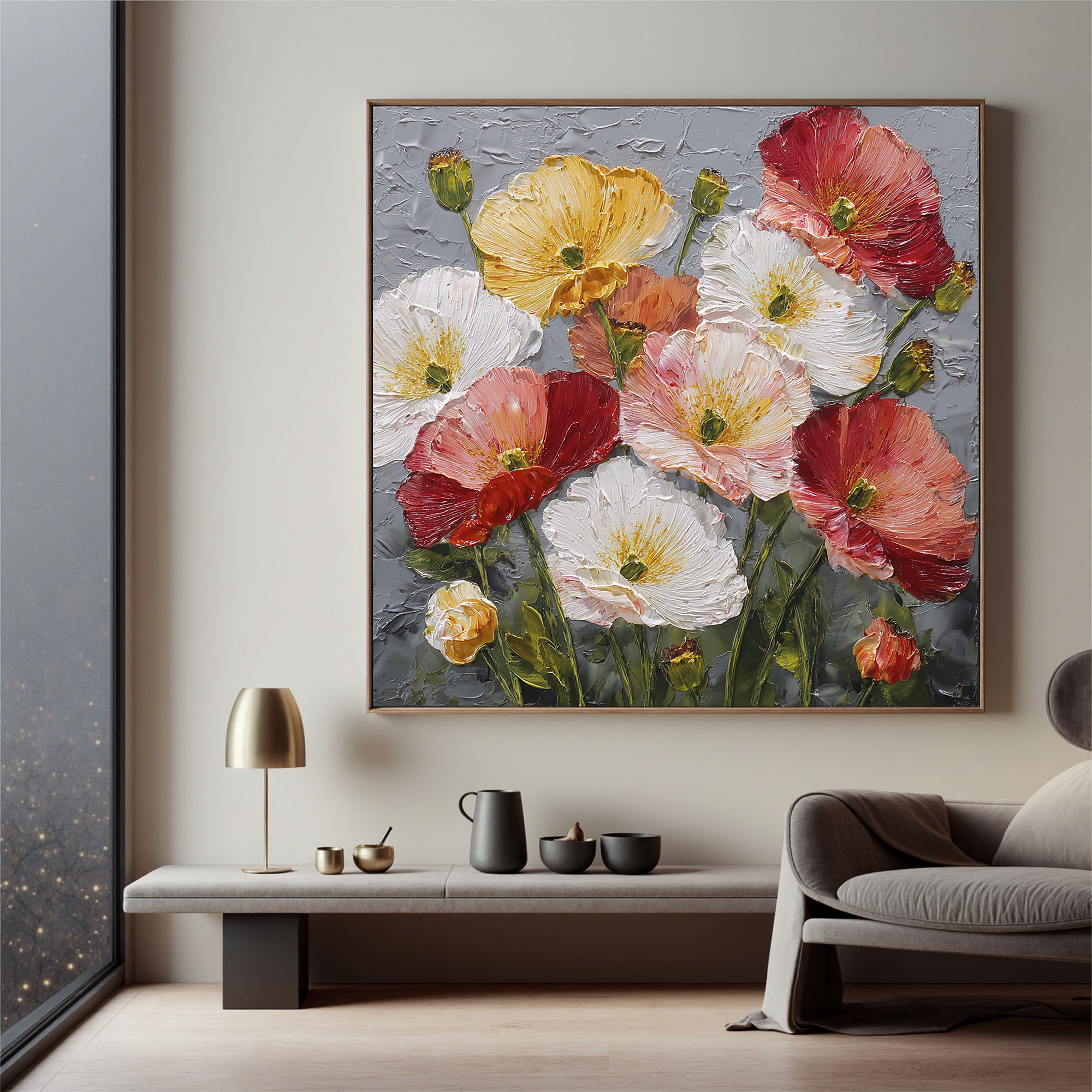 Colorful Flower Canvas Wall Art – Textured Floral Painting with Red, White & Yellow Blooms for Modern Home Decor#OA 0848