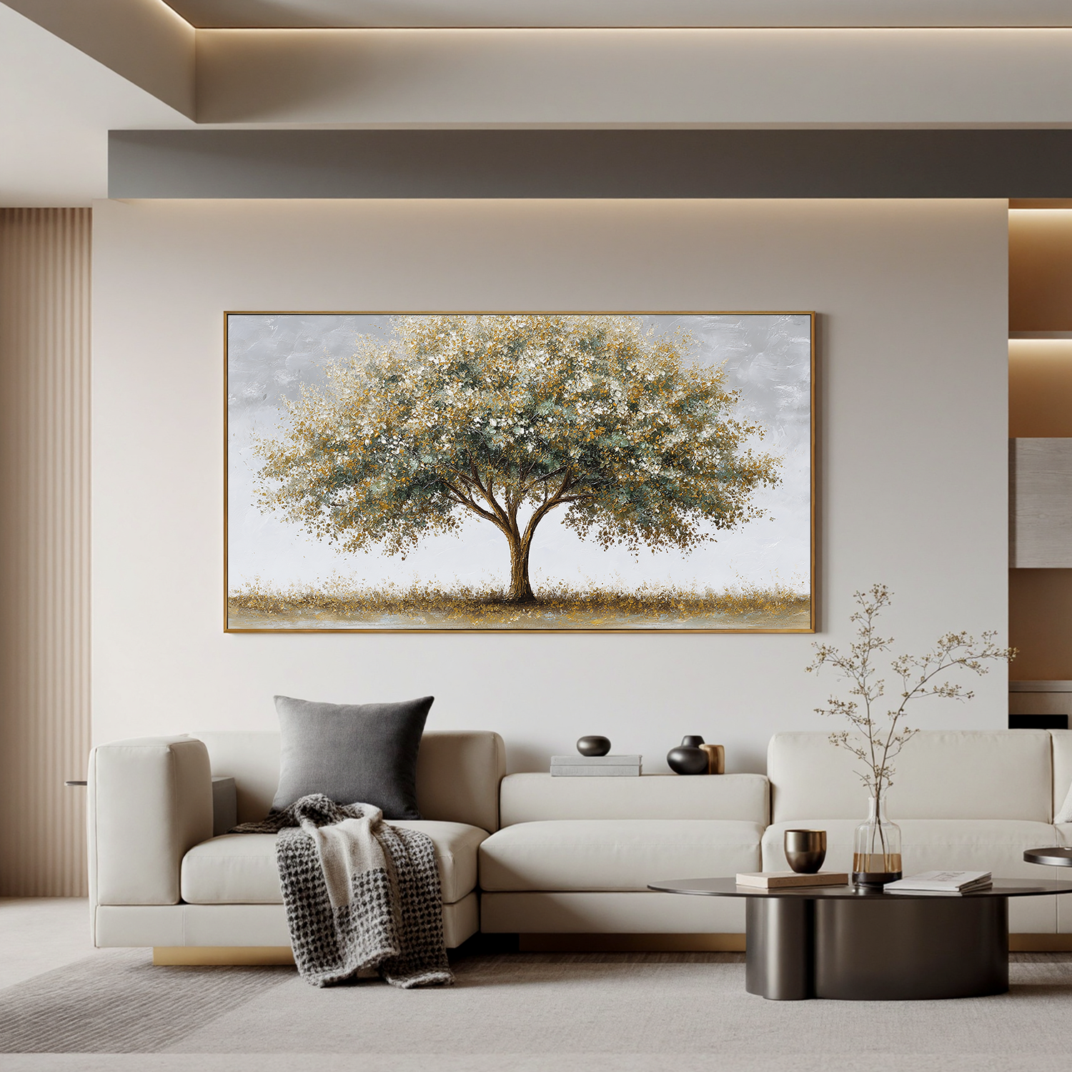 Golden Tree Canvas Wall Art – Minimalist Nature Painting for Modern Living Room Decor#OA 0851