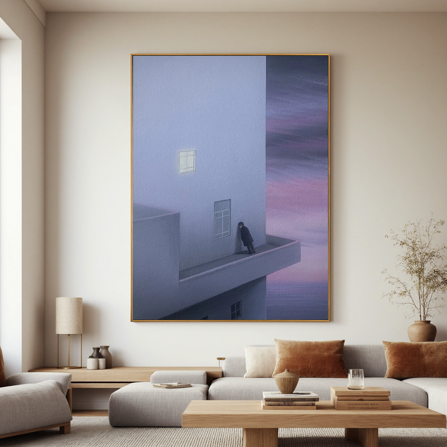 Surreal Minimalist Architecture Wall Art, Solitary Figure on Balcony with Pink Sky Canvas for Modern Living Room Decor #OA 0742