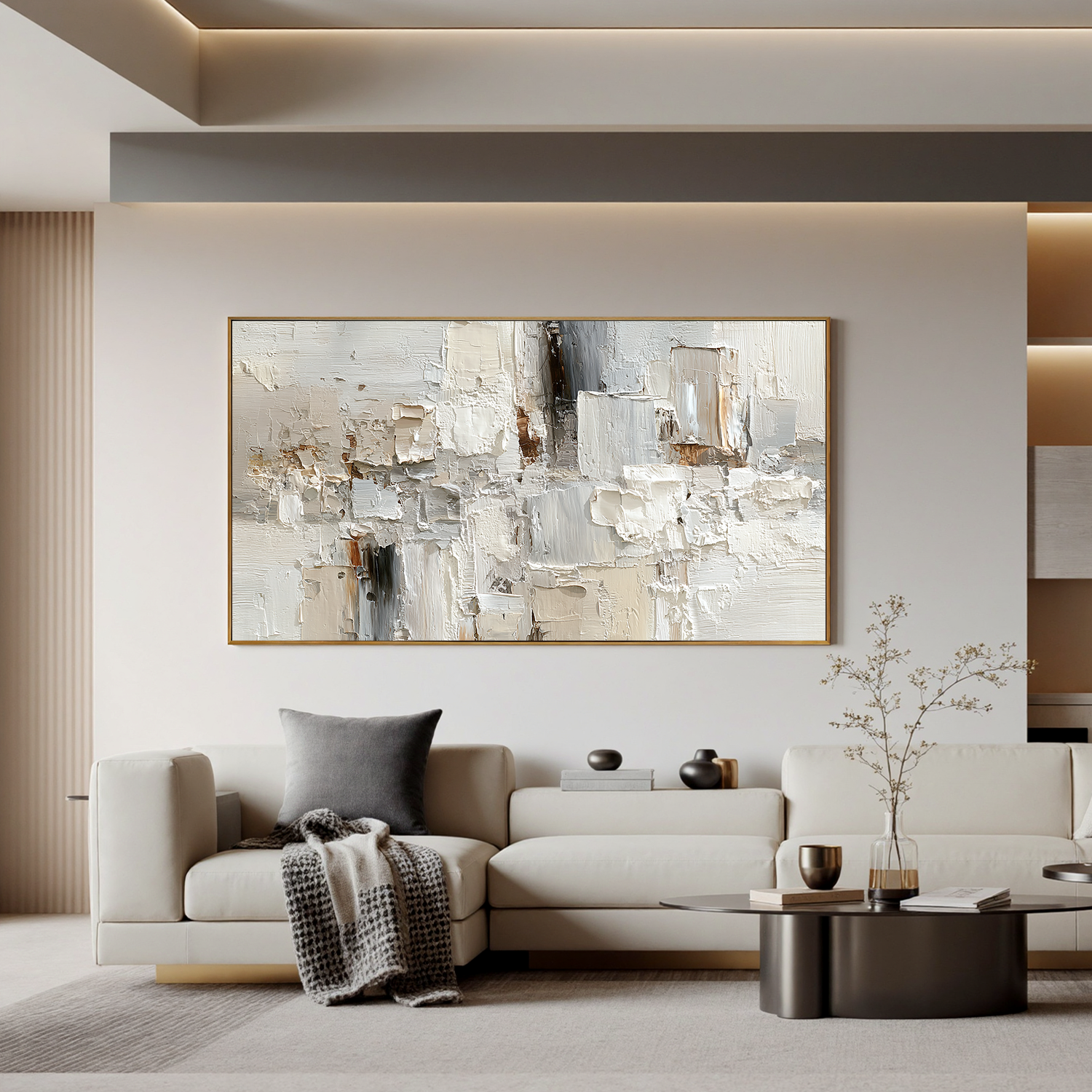 Large Neutral Textured Abstract Canvas Wall Art – Horizontal Impasto Painting in Cream White for Modern Living Room Decor#OA 0880