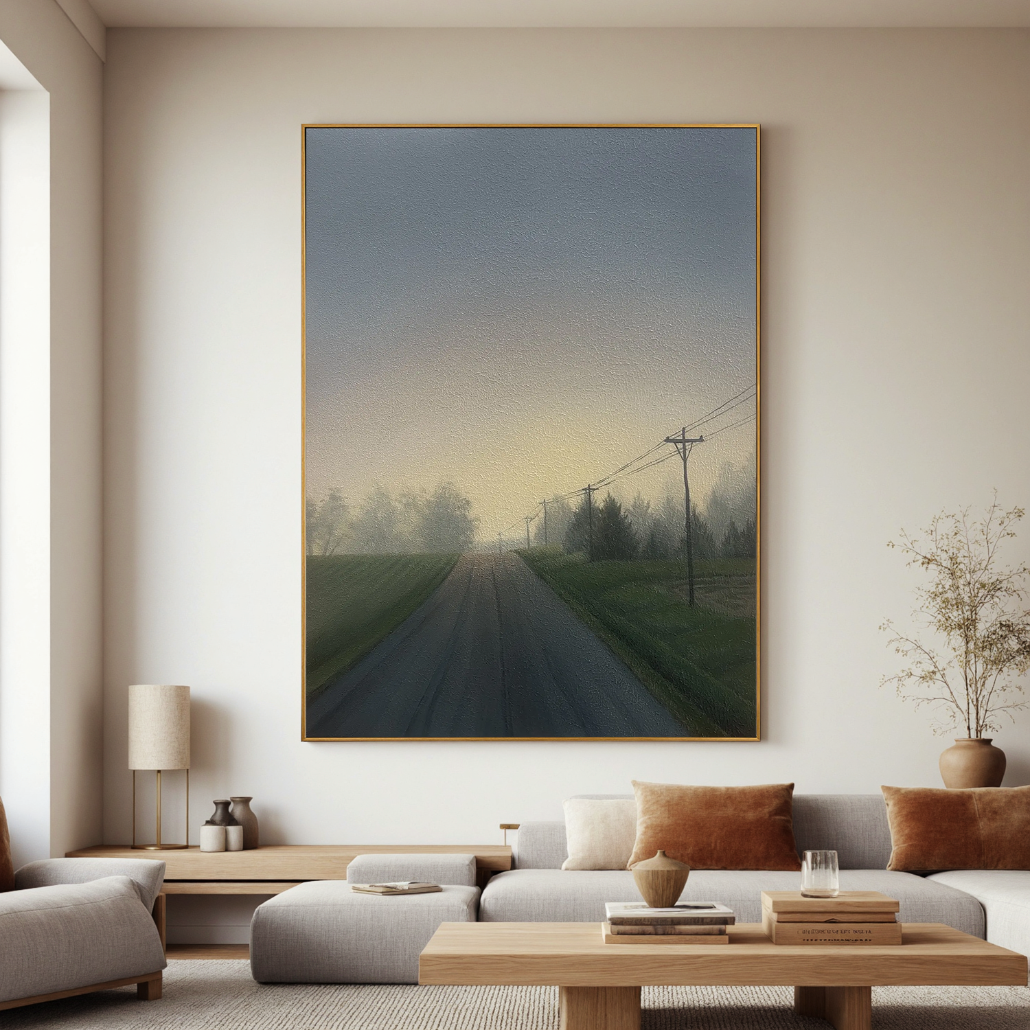 Misty Country Road Landscape Wall Art, Foggy Morning Rural Canvas Painting for Living Room Decor #OA 0759