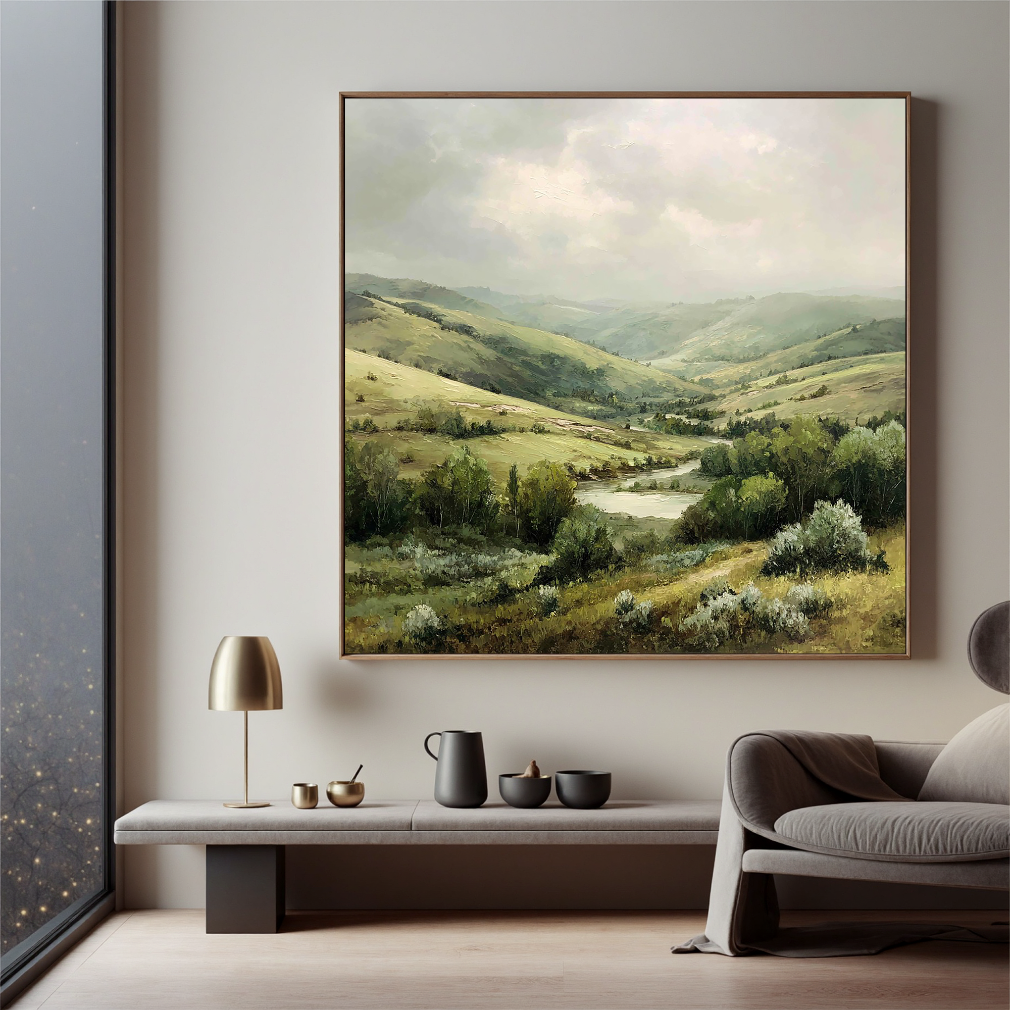 Serene Valley Landscape Canvas Wall Art – Rolling Hills River Nature Painting for Living Room Decor#OA 0868