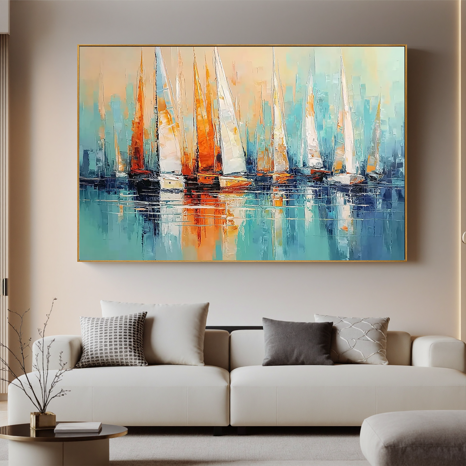Abstract Sailboat Oil Painting Wall Art – Modern Coastal Canvas Artwork for Living Room Nautical Home Decor #OA 0434