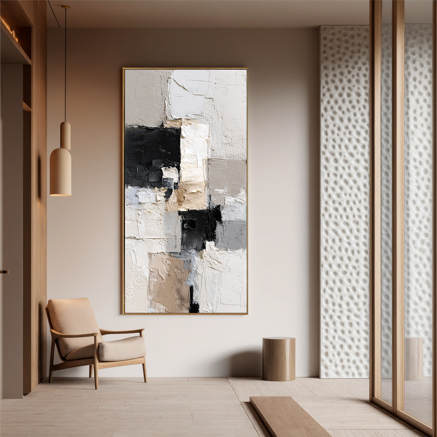 Vertical Neutral Abstract Canvas Wall Art – Textured Black White Beige Minimalist Painting for Modern Home Decor#OA 0876