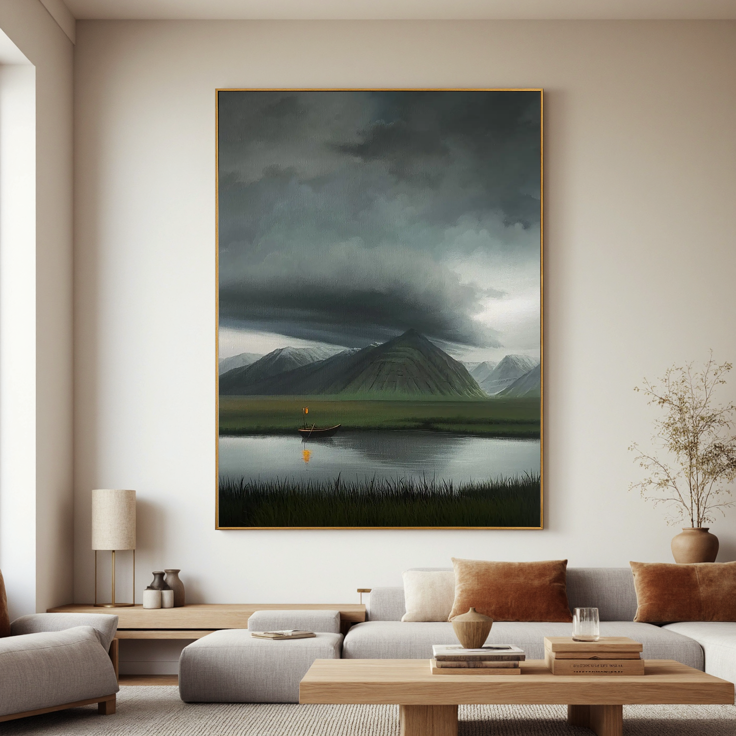 Moody Mountain Lake Wall Art with Boat and Lantern, Dramatic Storm Cloud Landscape Canvas for Living Room Decor #OA 0747