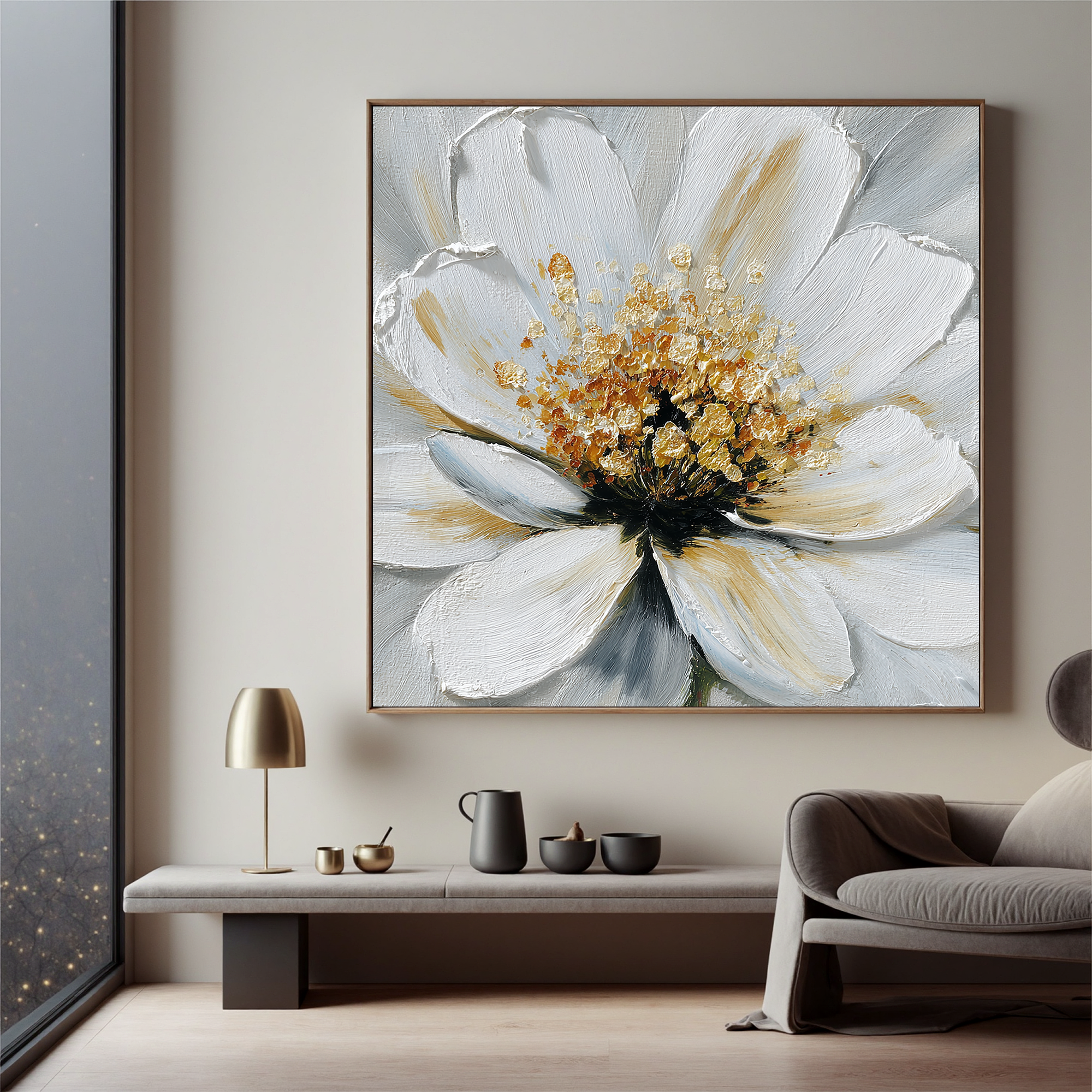 White Flower Canvas Wall Art – Elegant Floral Painting with Gold Texture for Modern Home Decor#OA 0847