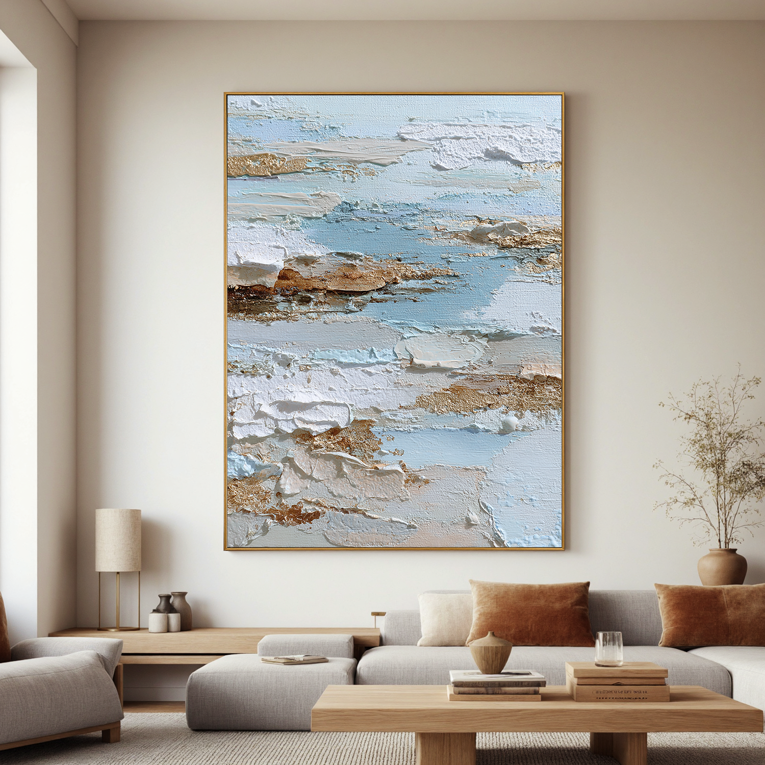 Vertical Abstract Coastal Canvas Wall Art – Light Blue & Neutral Texture Seascape Painting for Modern Home Decor#OA 0844