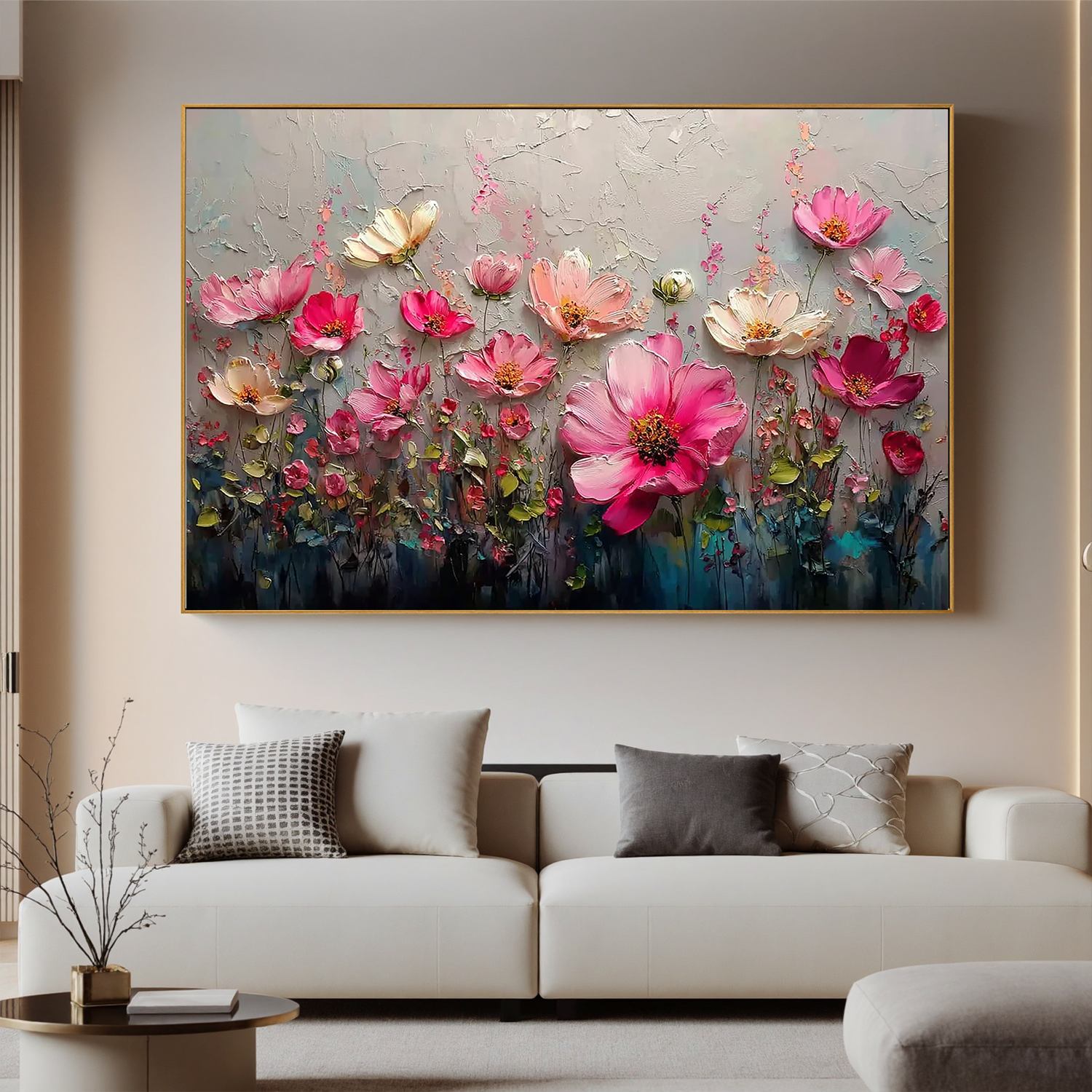 Pink Floral Wall Art, Textured Flower Garden Canvas Painting for Living Room Décor #OA 0409