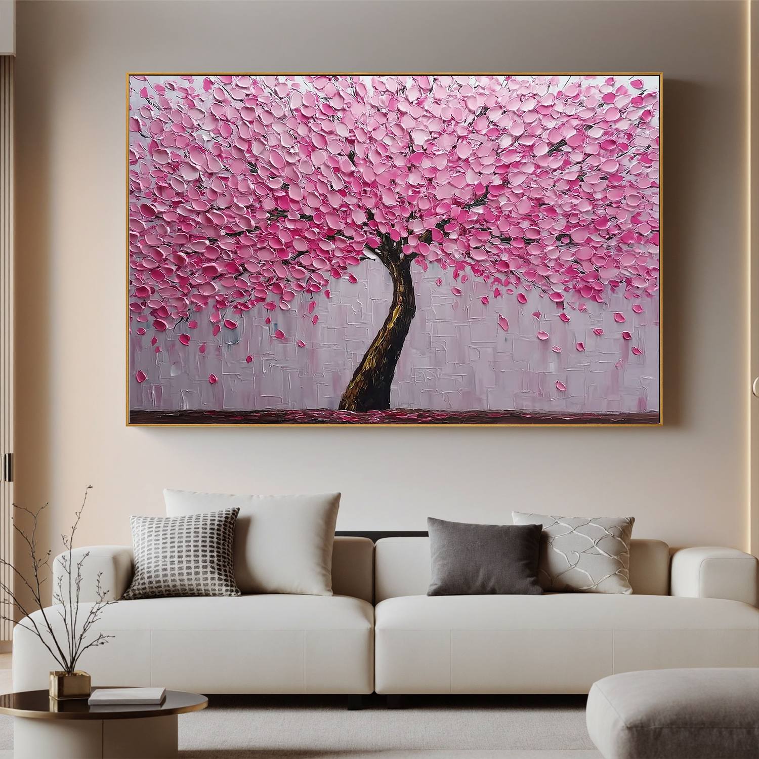 Pink Cherry Blossom Tree Oil Painting | Textured Floral Wall Art for Modern Living Room & Bedroom #OA 0425