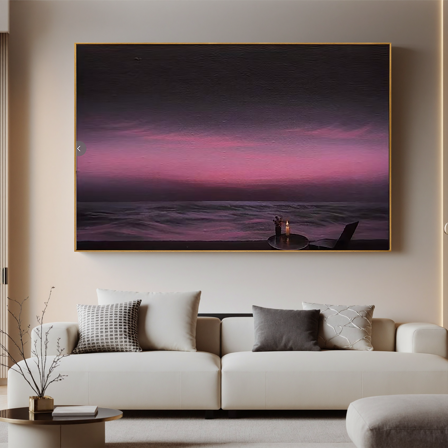 Romantic Purple Sunset Seascape Wall Art, Candlelit Ocean View Canvas Painting for Living Room Decor #OA 0732