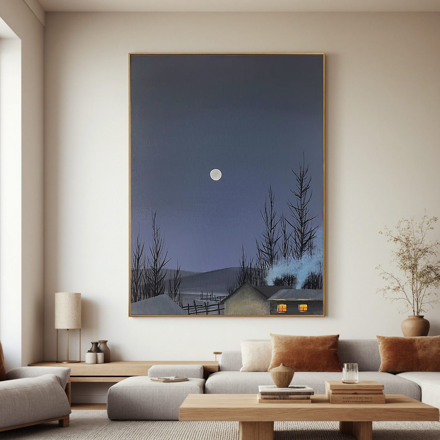 Moonlit Winter Cabin Wall Art – Snowy Night Landscape Canvas Painting for Living Room Decor #OA 0817
