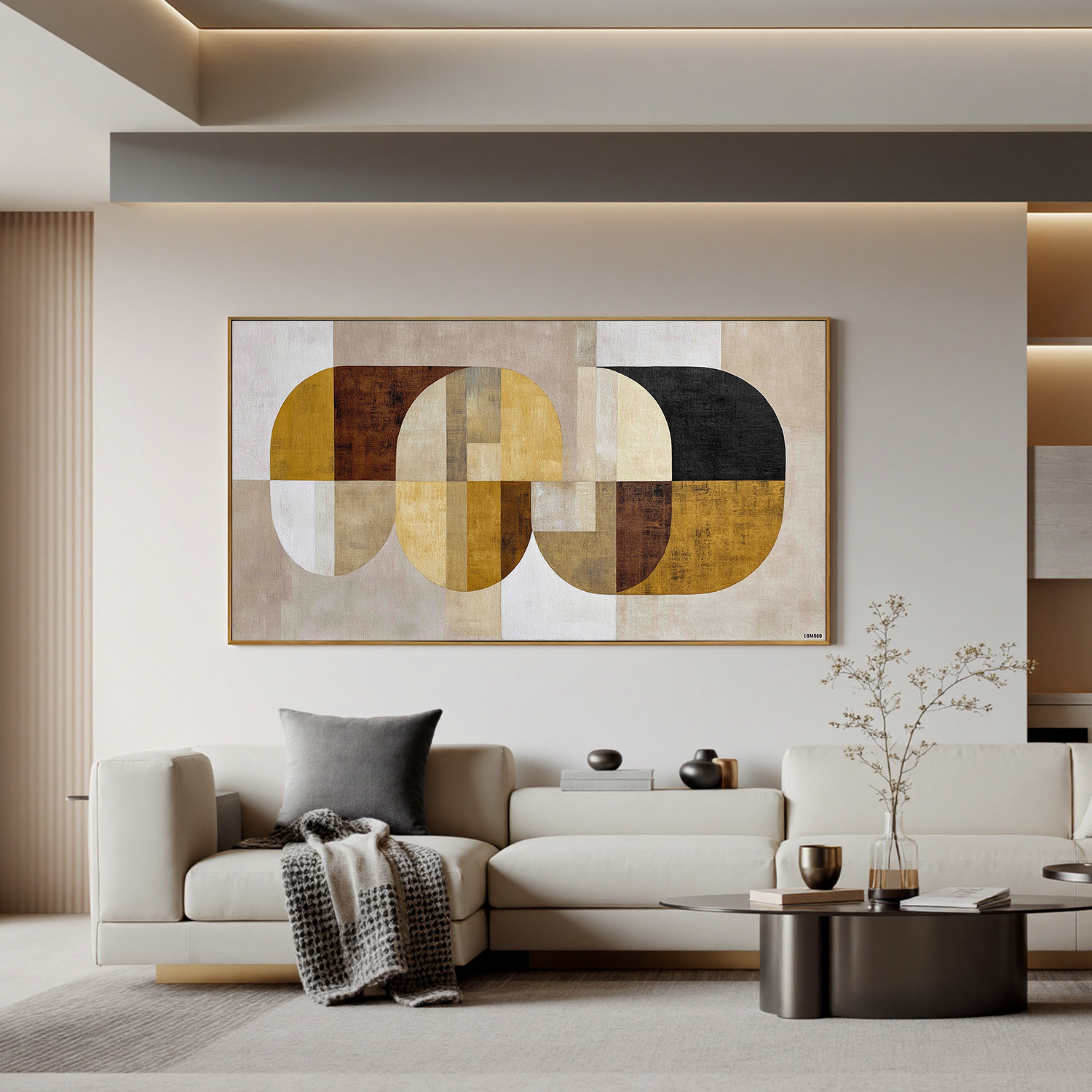 Mid Century Modern Geometric Abstract Canvas Wall Art – Neutral Beige Mustard Yellow Horizontal Painting for Living Room Decor#OA 0865