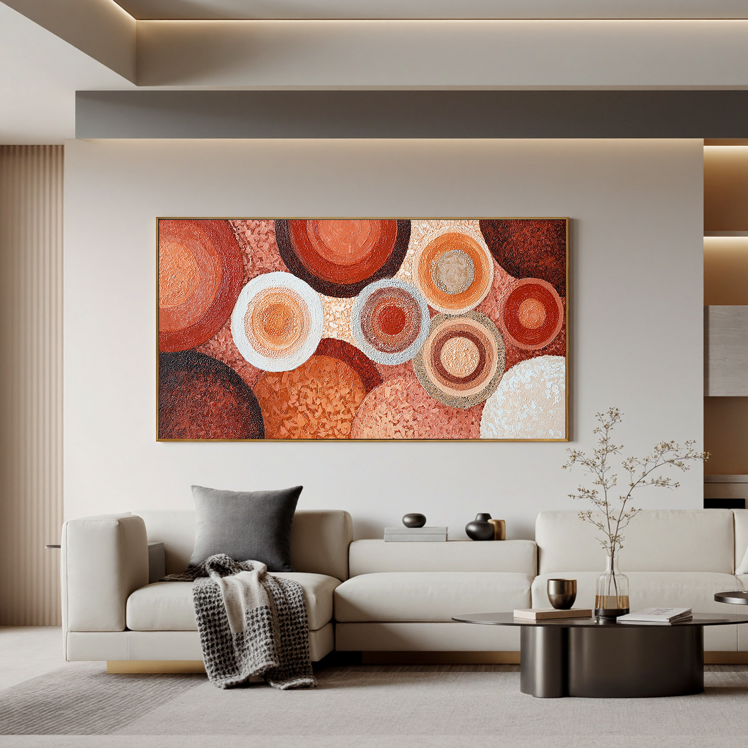 Large Abstract Circle Canvas Wall Art – Terracotta Boho Textured Painting for Modern Living Room Decor#OA 0838
