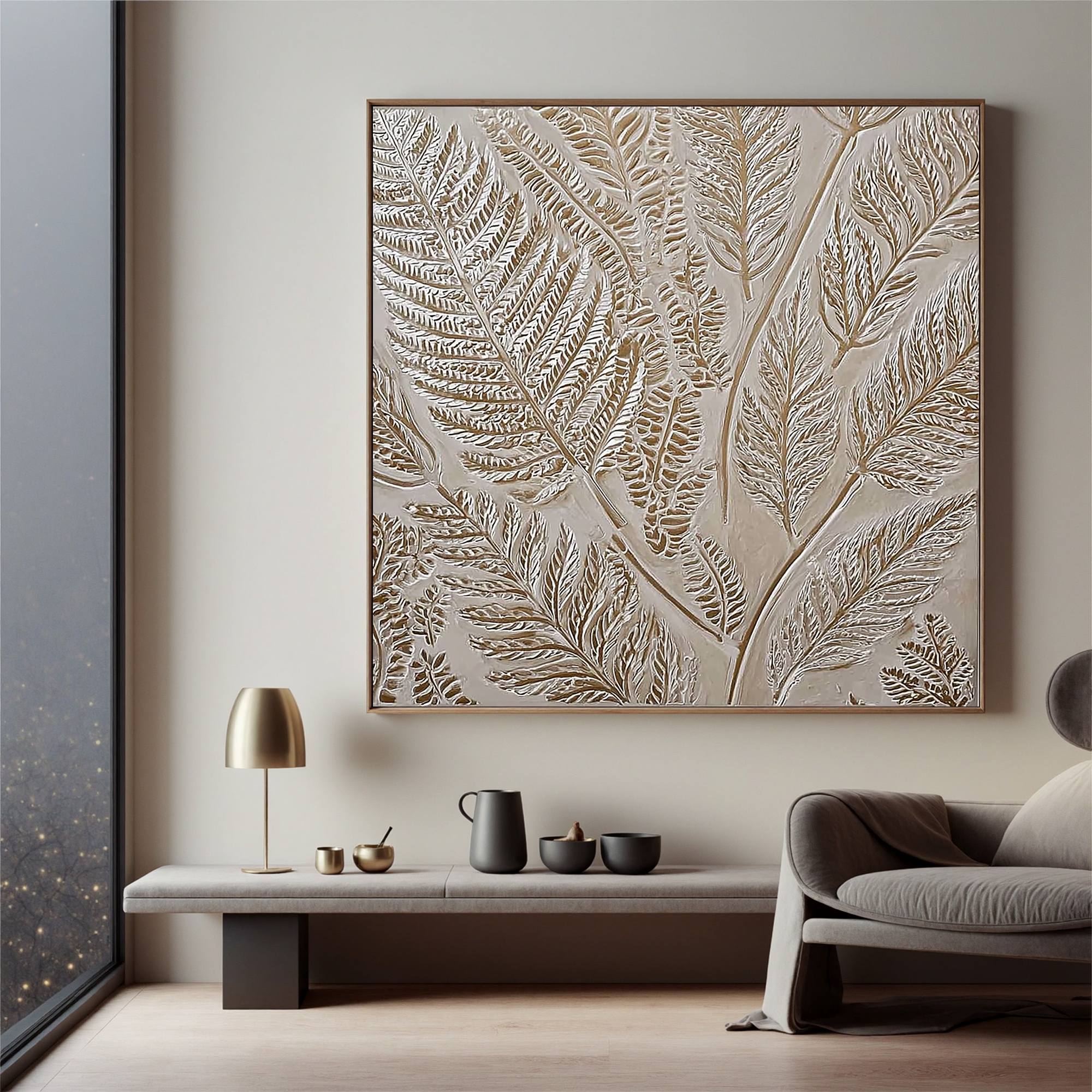 Neutral Botanical Textured Wall Art – Hand Painted Beige Fern Canvas Painting for Modern Minimalist Living Room Decor #OA 0433