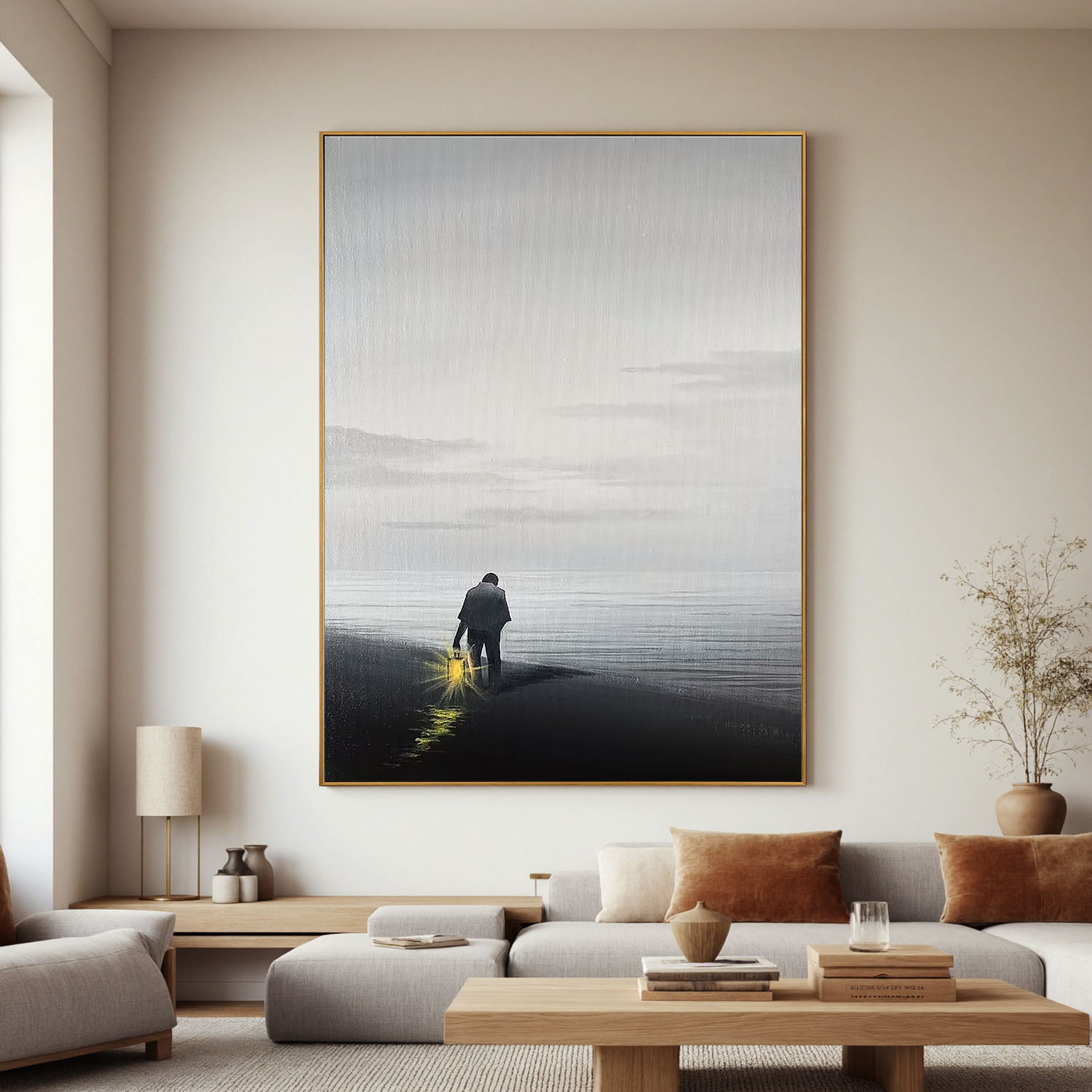 Solitary Figure with Lantern Beach Wall Art, Minimalist Black and White Seascape Canvas Painting for Living Room Decor #OA 0777
