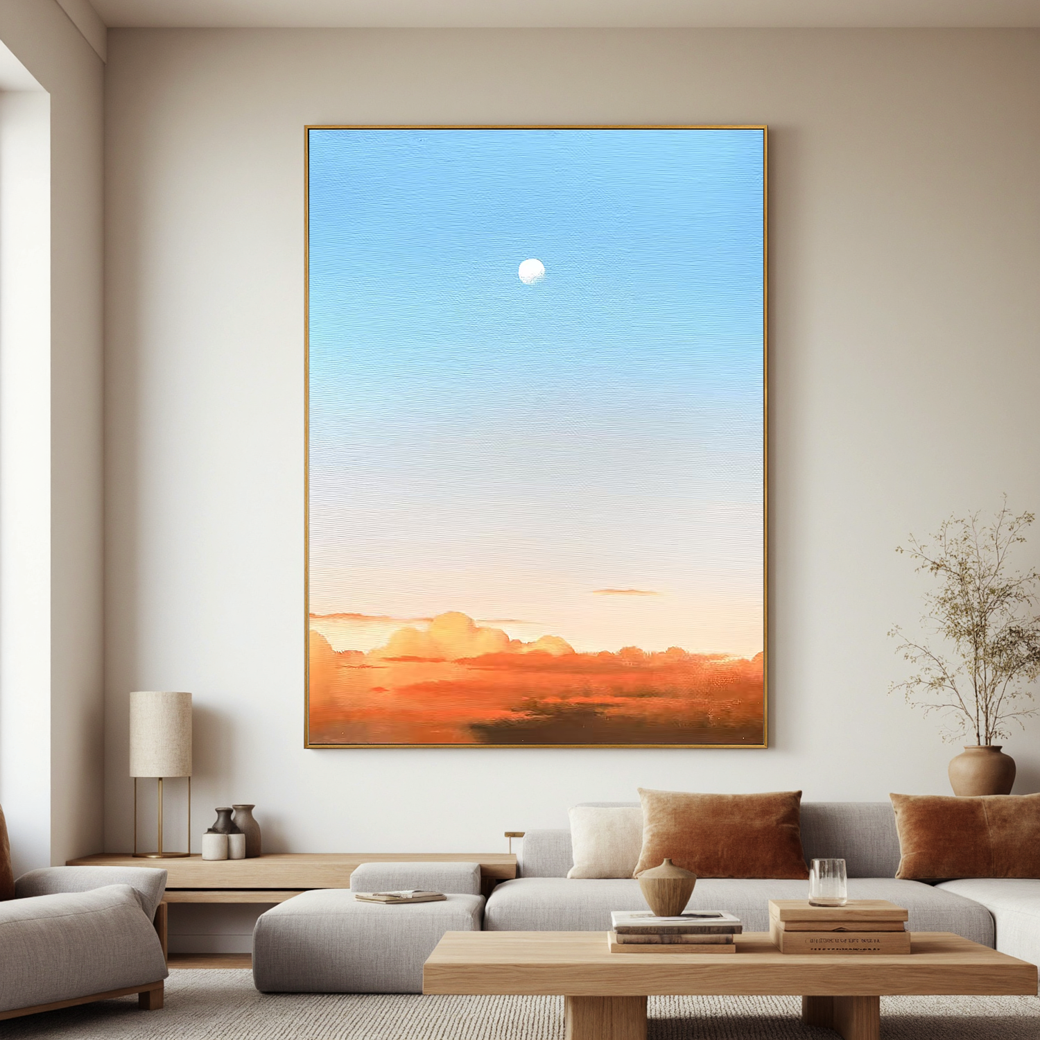 Minimalist Moon and Sunset Sky Wall Art, Serene Gradient Cloud Landscape Canvas Painting for Modern Living Room Decor #OA 0772