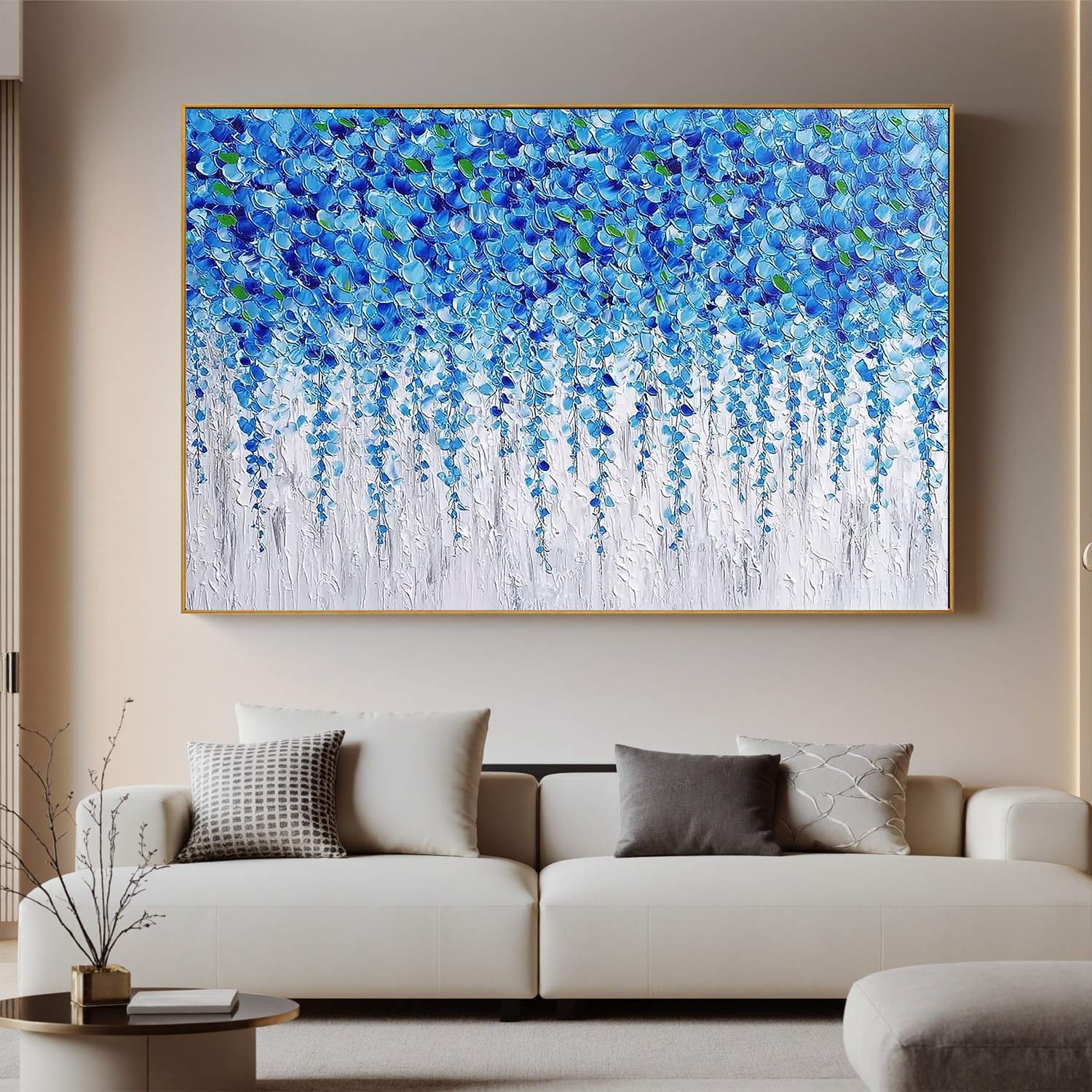 Blue Floral Abstract Wall Art, Textured Flower Cascade Canvas Painting for Living Room Décor #OA 0402