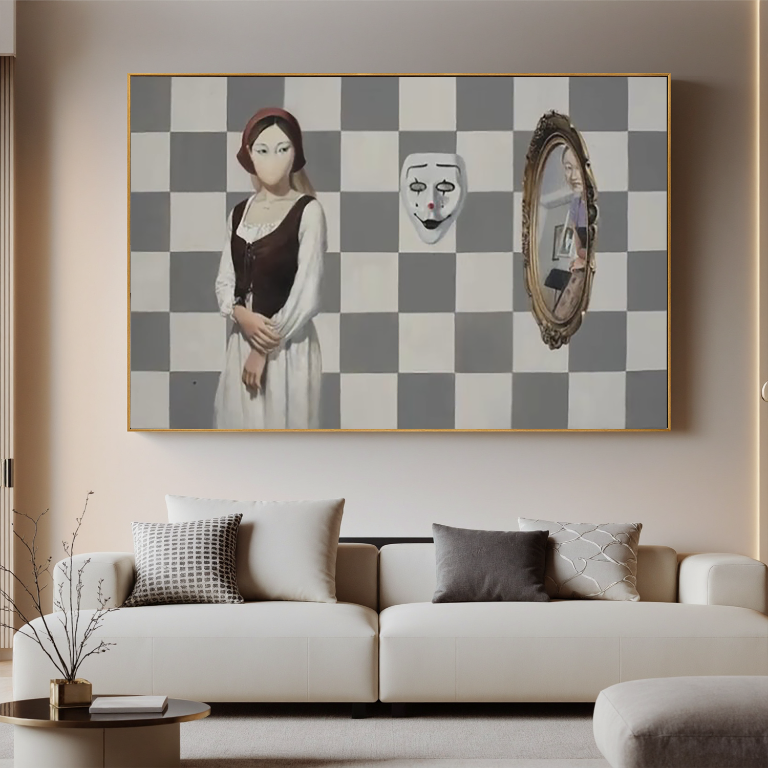 Girl, Mask and Mirror-Surreal Girl Mask Mirror Wall Art
