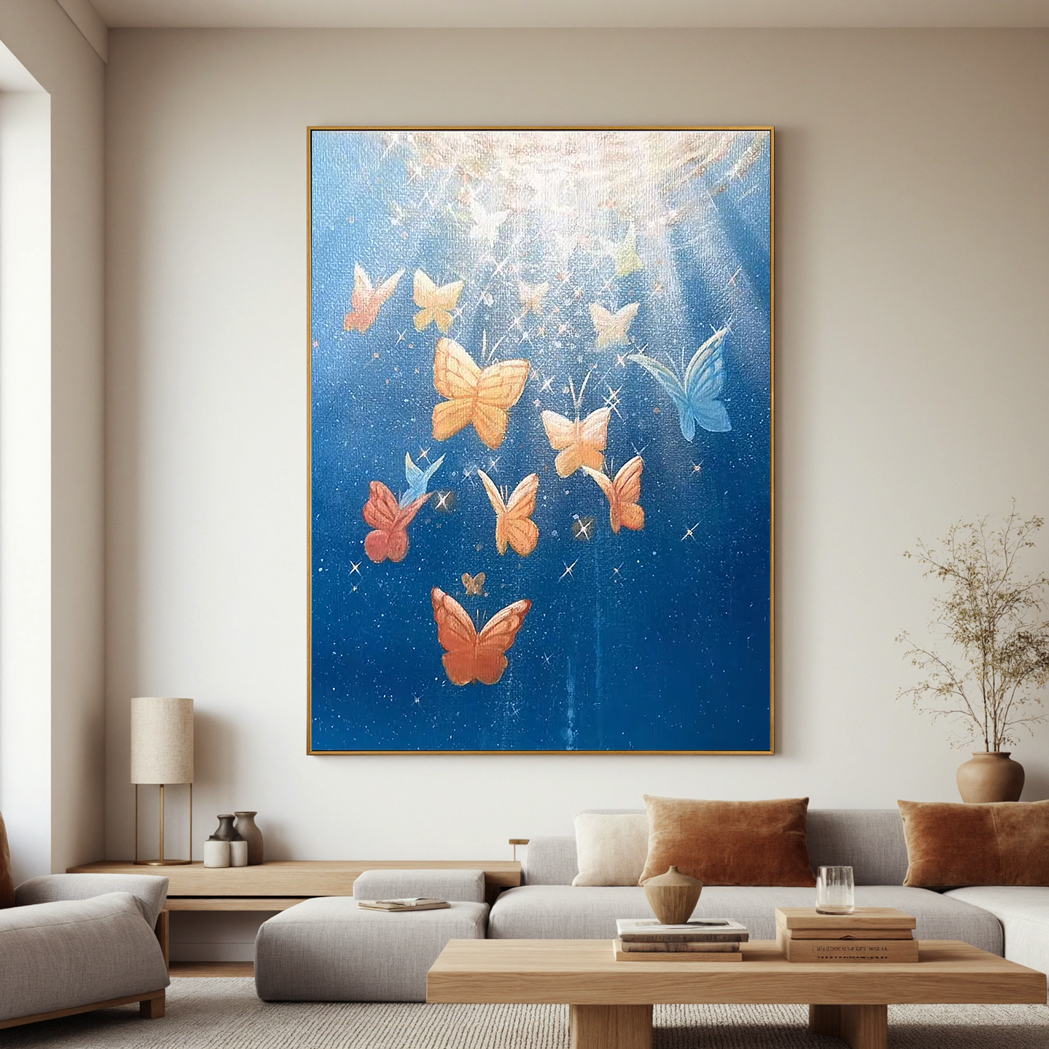 Dreamy Butterfly Wall Art, Celestial Blue Sky Canvas Painting with Light Rays, Whimsical Nature Decor for Living Room or Bedroom #OA 0787