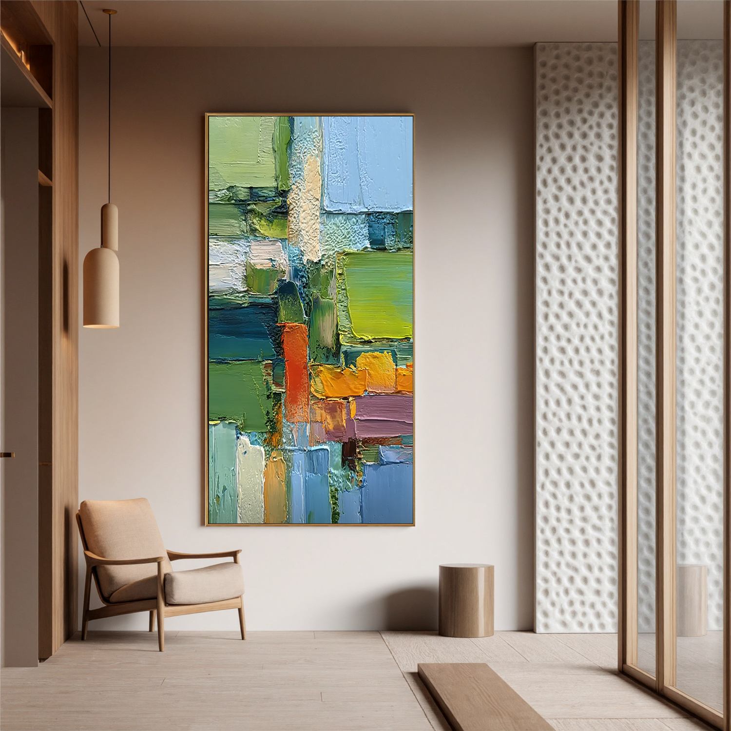 Green Geometric Abstract Wall Art, Colorful Textured Block Canvas Painting for Modern Living Room Décor