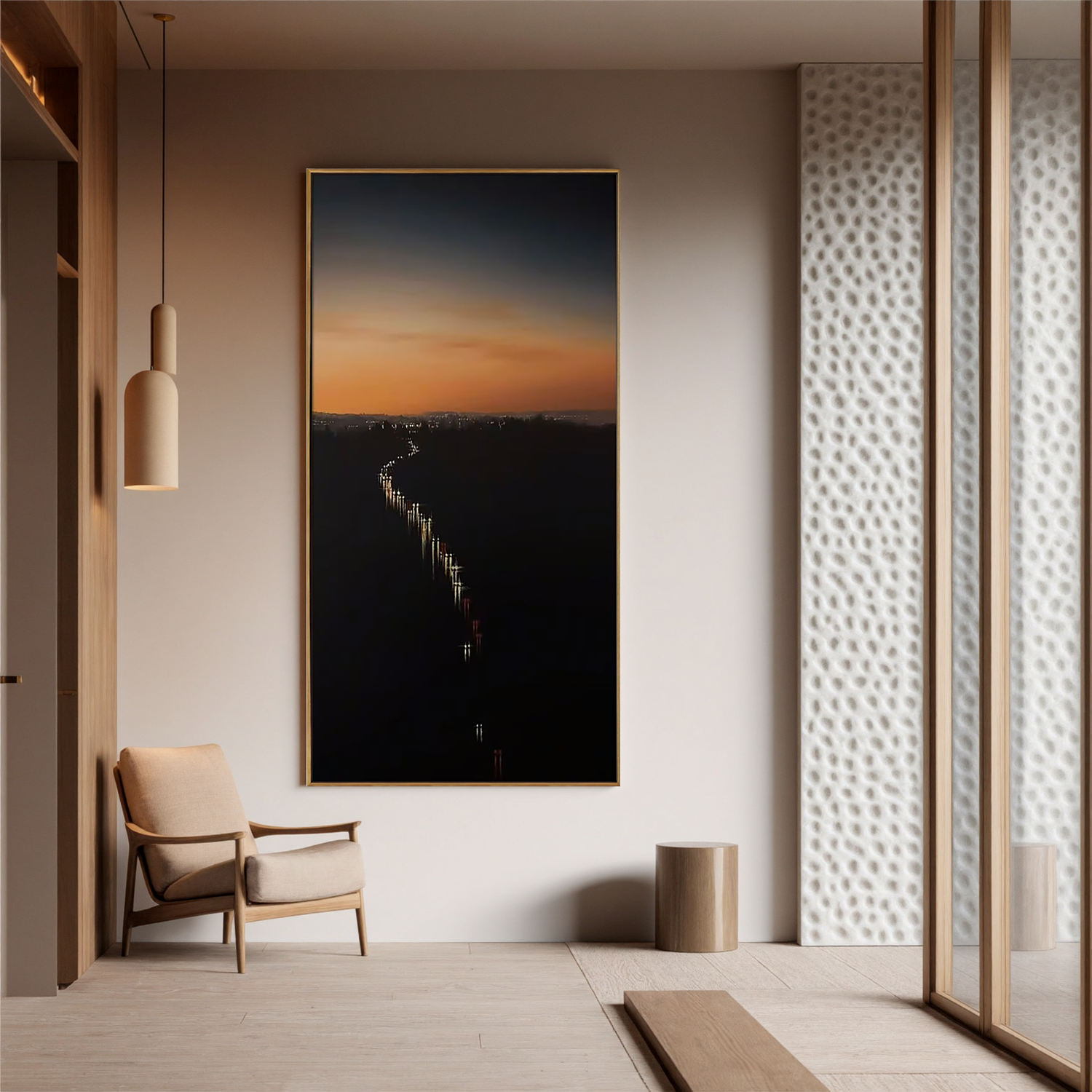 Sunset Cityscape Wall Art, Vertical Twilight Skyline Canvas with Winding Highway Lights for Modern Living Room Decor #OA 0727
