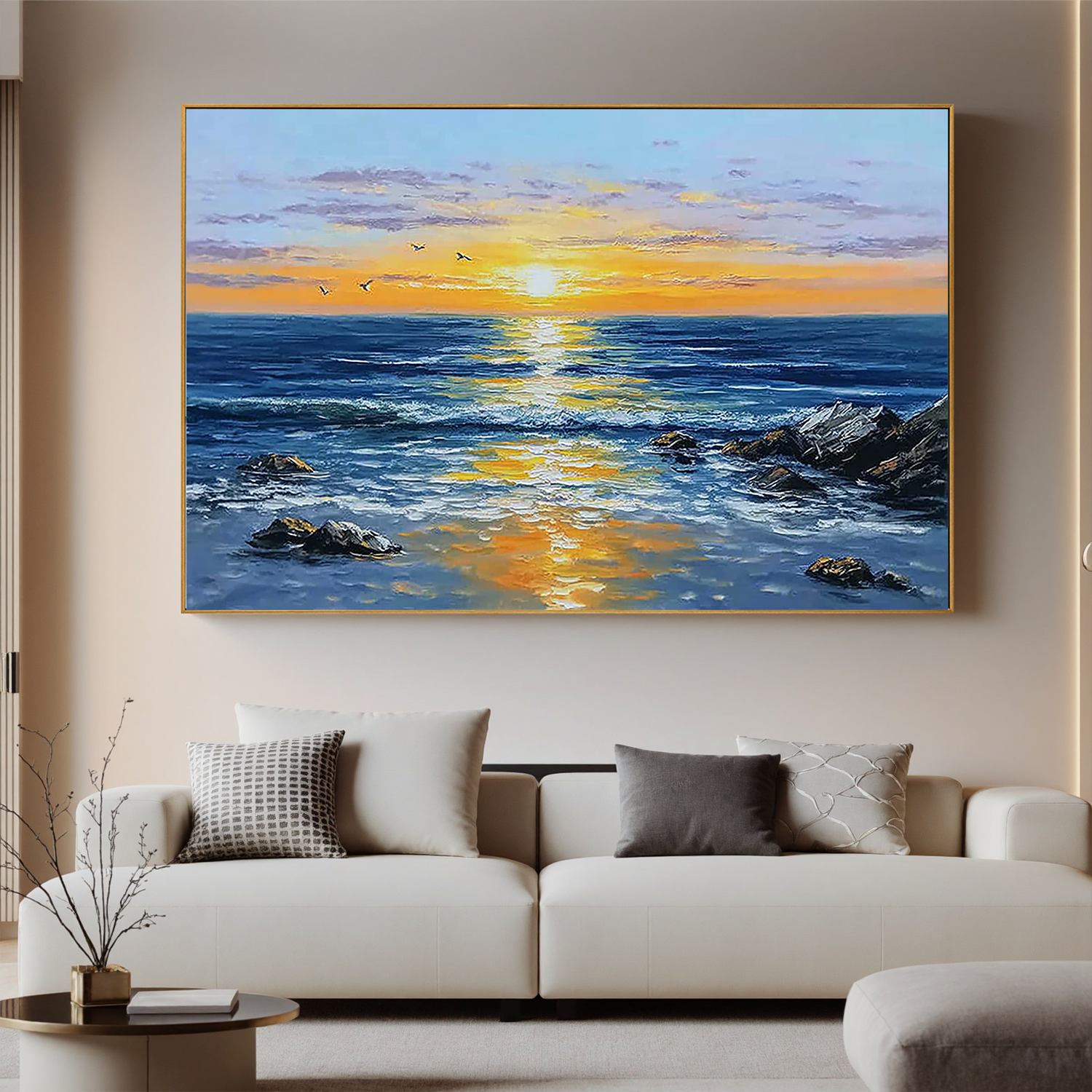 Ocean Sunset Wall Art, Blue Seascape Canvas Painting with Golden Reflection for Living Room Décor #OA 0404