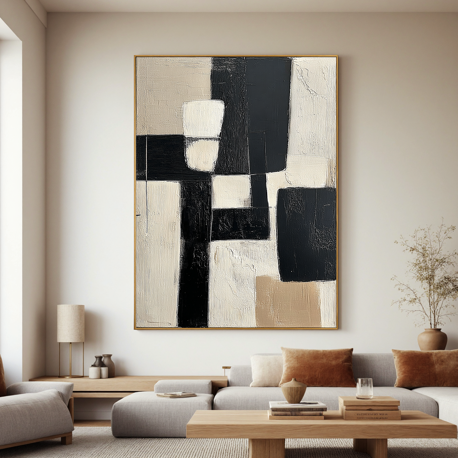 Black and White Abstract Oil Painting, Minimalist Geometric Wall Art for Living Room Decor#OA 0553