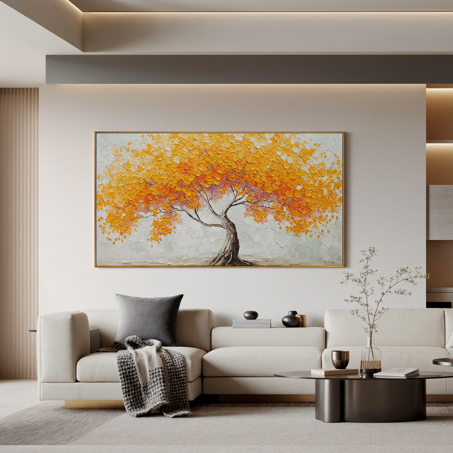 Golden Tree of Life Canvas Wall Art – Textured Abstract Landscape Painting for Living Room Decor#OA 0854