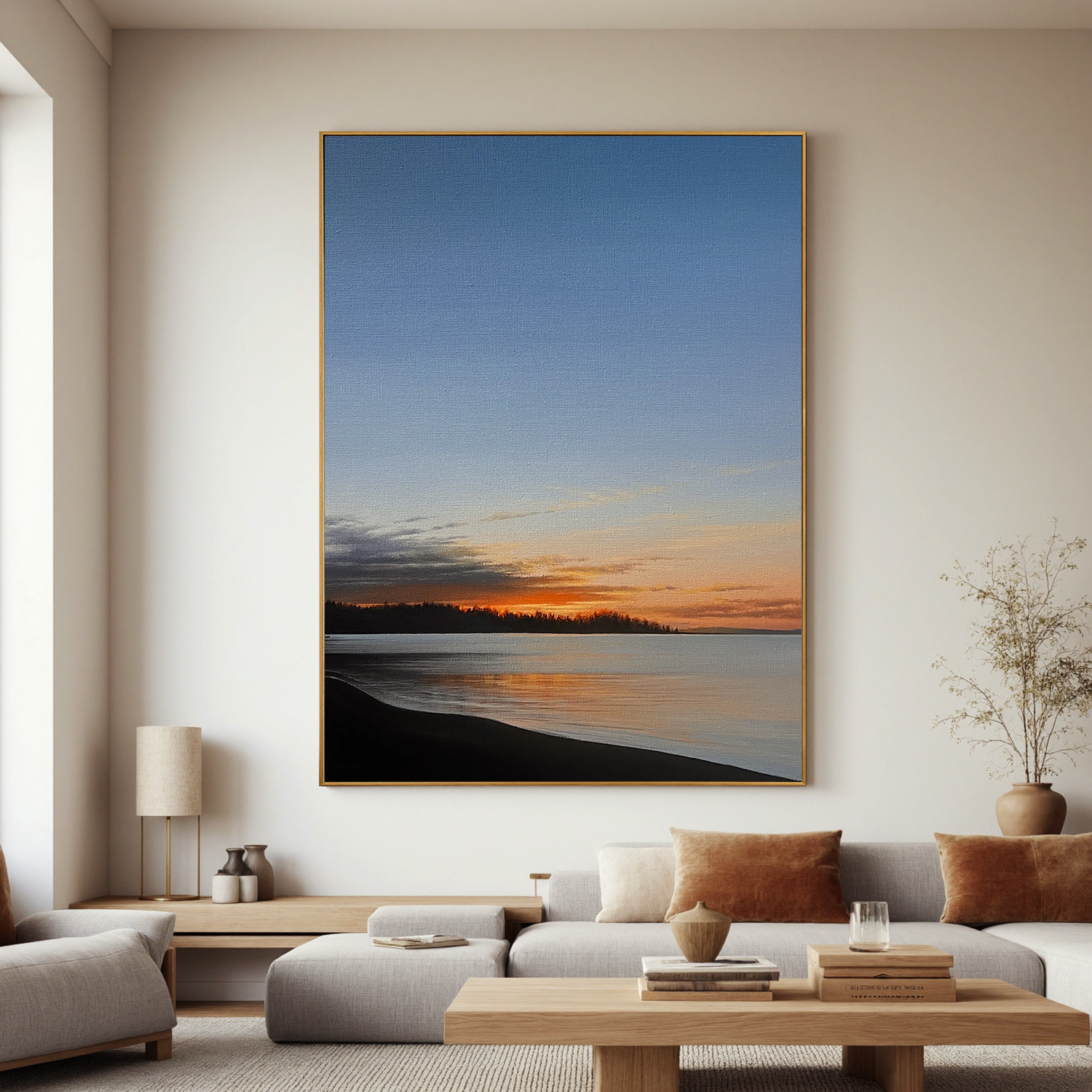 Serene Sunset Lake Wall Art, Peaceful Coastal Landscape Canvas with Golden Sky for Living Room Decor #OA 0753