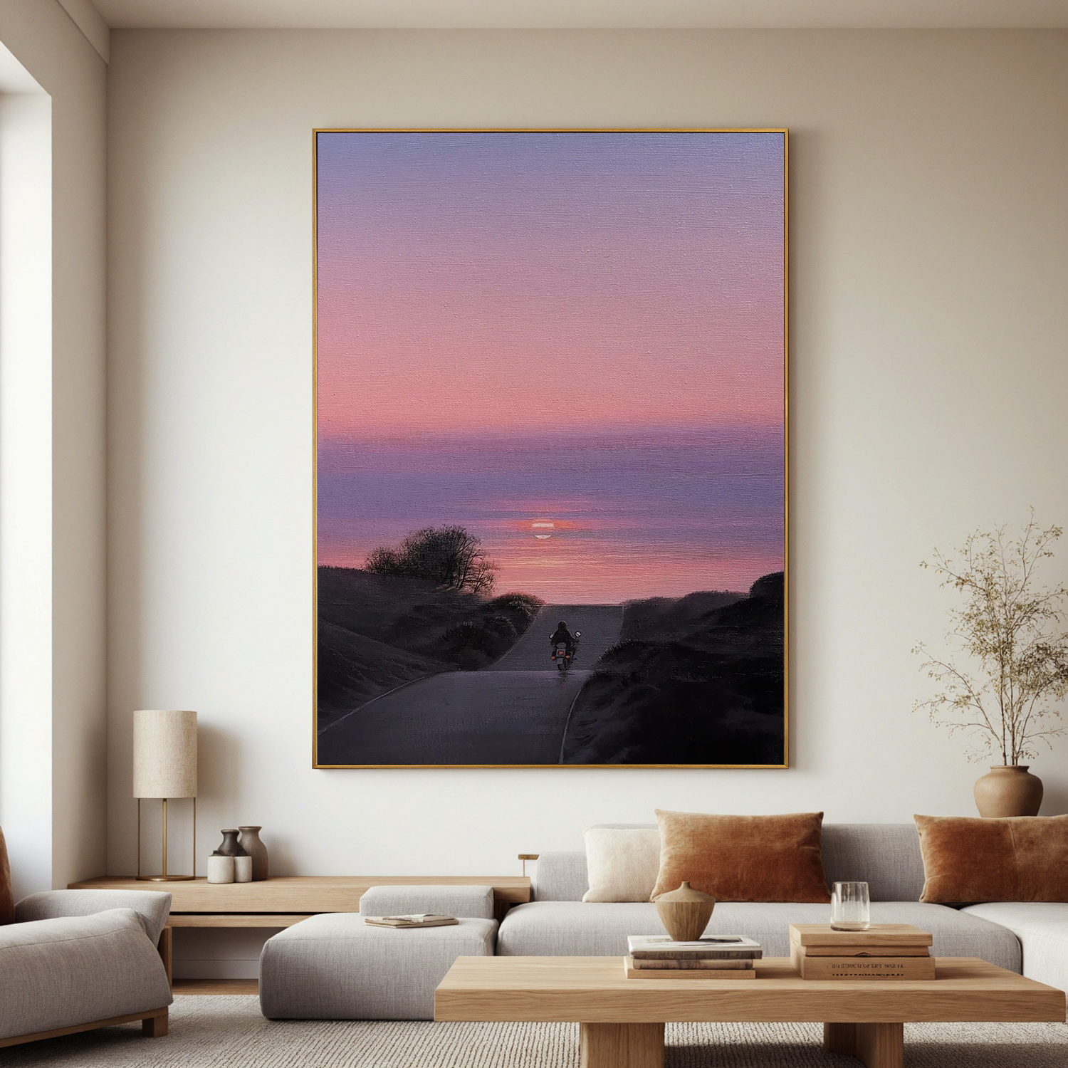 Sunset Motorcycle Road Wall Art, Romantic Pink and Purple Sky Landscape Canvas for Living Room Decor #OA 0741