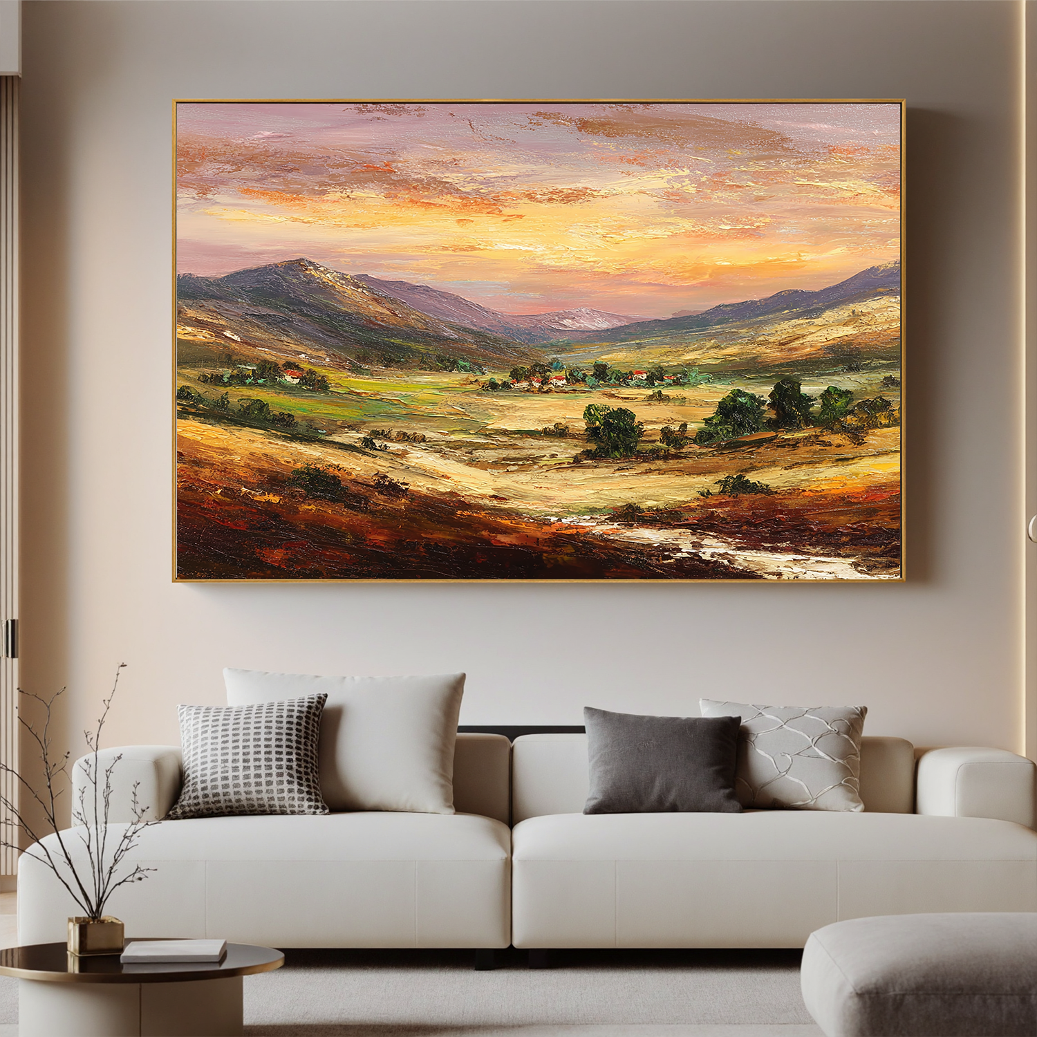 Large Sunset Mountain Landscape Canvas Wall Art – Warm Valley Oil Painting for Living Room Decor#OA 0885