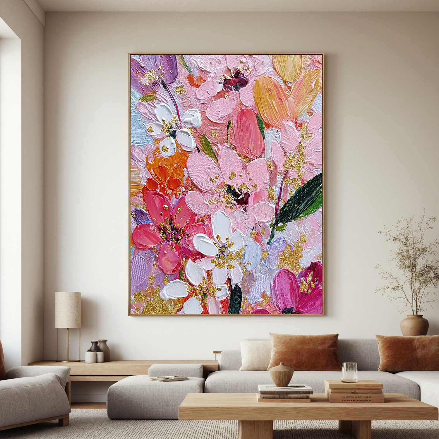 Pink Floral Oil Painting, Textured Flower Wall Art with Gold Accents for Living Room Decor#OA 0579
