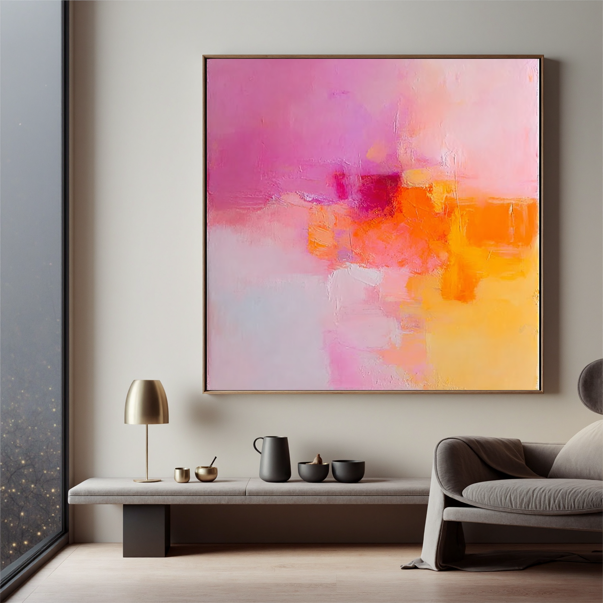 Abstract Pink Orange Oil Painting Canvas – Soft Minimalist Wall Art for Living Room Modern Home Decor#OA 0490