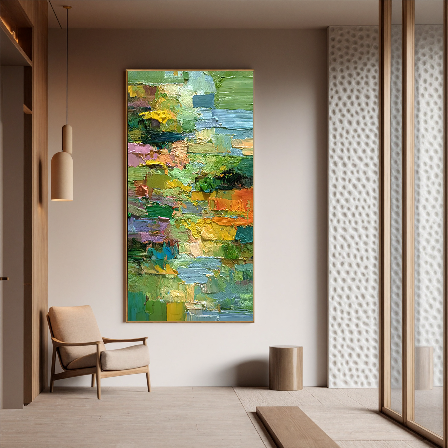 Green Abstract Landscape Oil Painting, Textured Nature Wall Art for Living Room Decor#OA 0601