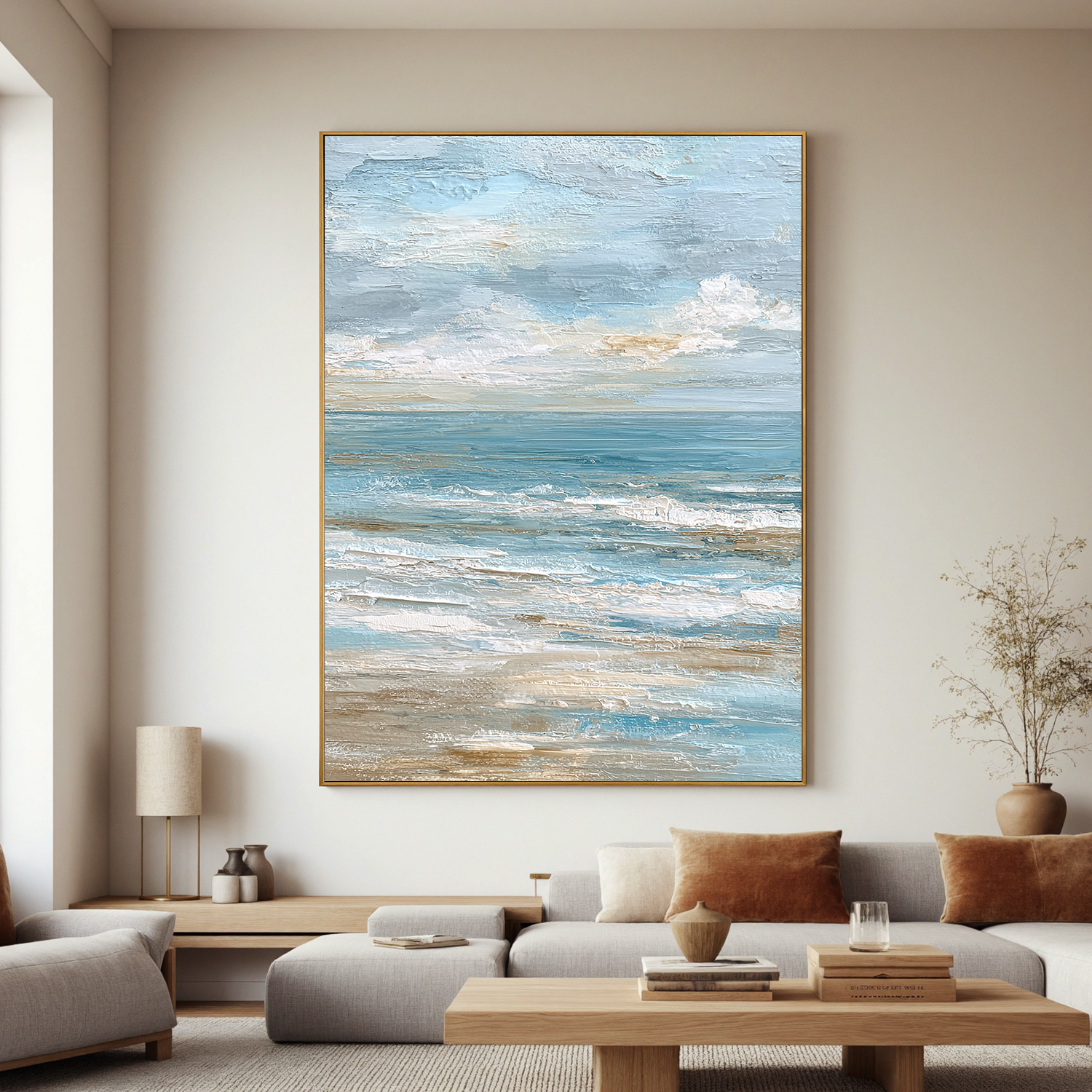 Large Vertical Coastal Seascape Canvas Wall Art – Soft Blue Ocean Waves Painting for Beach House Decor#OA 0841