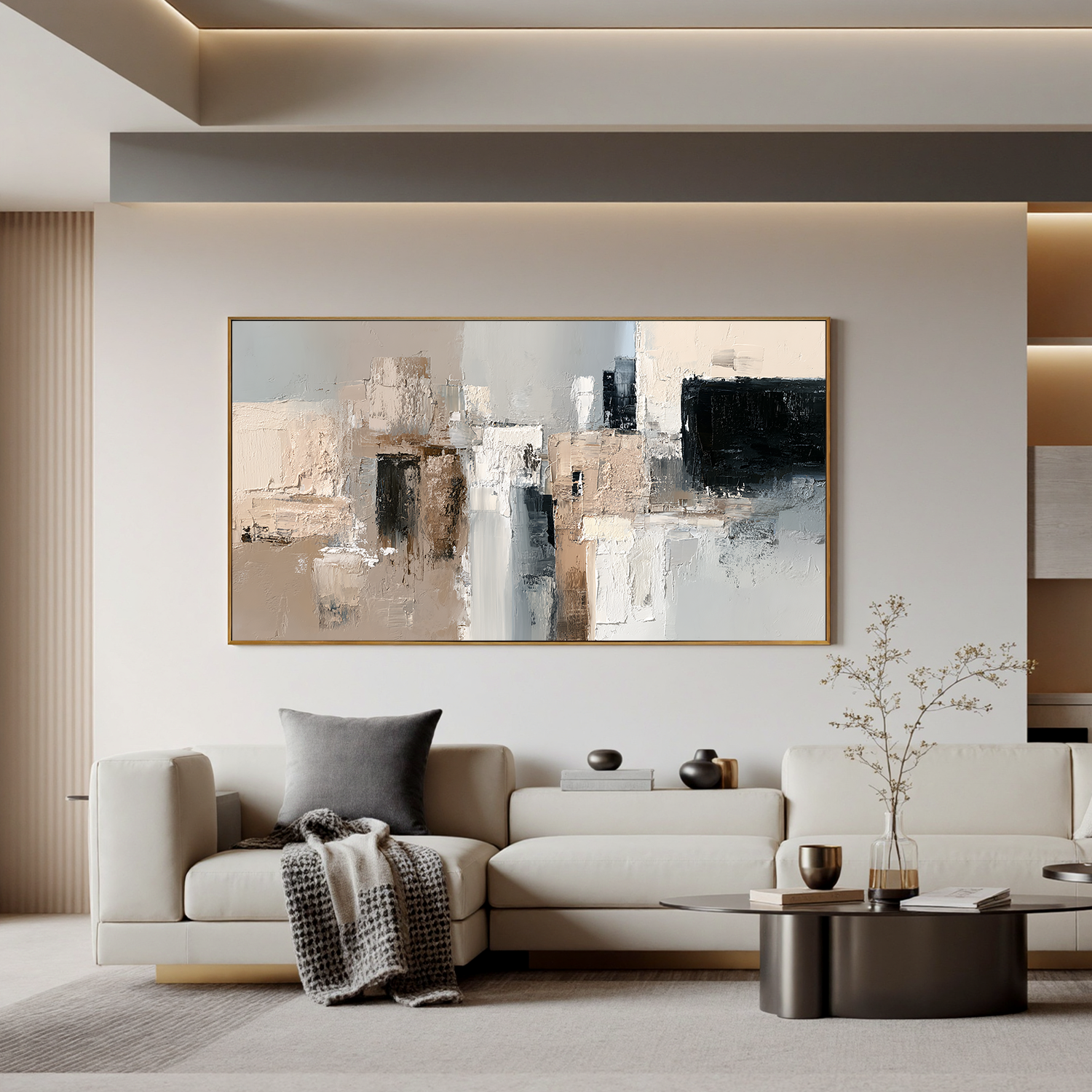 Large Neutral Abstract Canvas Wall Art – Modern Textured Black White Beige Painting for Living Room Decor#OA 0874