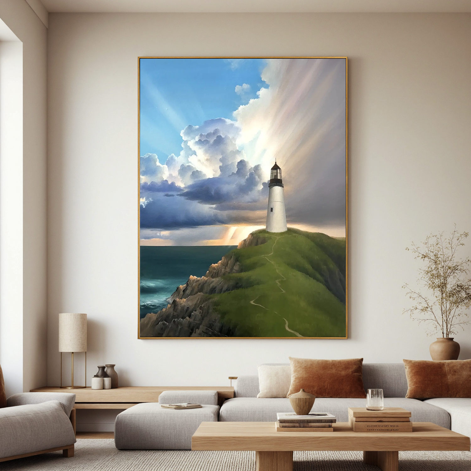 Coastal Lighthouse Wall Art, Dramatic Seascape Canvas Painting with Sun Rays for Living Room Decor #OA 0762