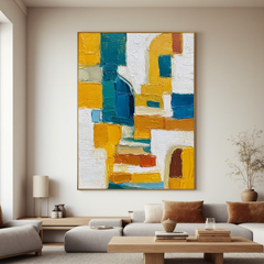 Abstract Geometric Oil Painting, Yellow and Blue Textured Wall Art for Living Room Decor#OA 0537