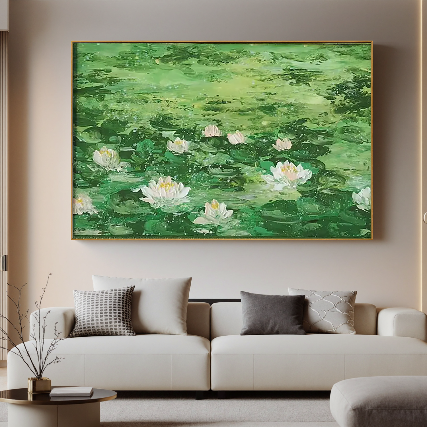 Green Lotus Pond Oil Painting, White Water Lily Wall Art for Living Room Decor#OA 0605
